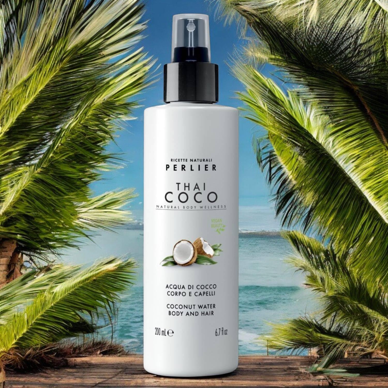 Perlier, Acqua Corpo e Capelli Thai Coco, Idrata e Profuma con la Freschezza dell’Acqua di Cocco, Senza Alcool e Ideale Anche al Sole, un sogno Tropicale per Pelle e Capelli, 200 ml