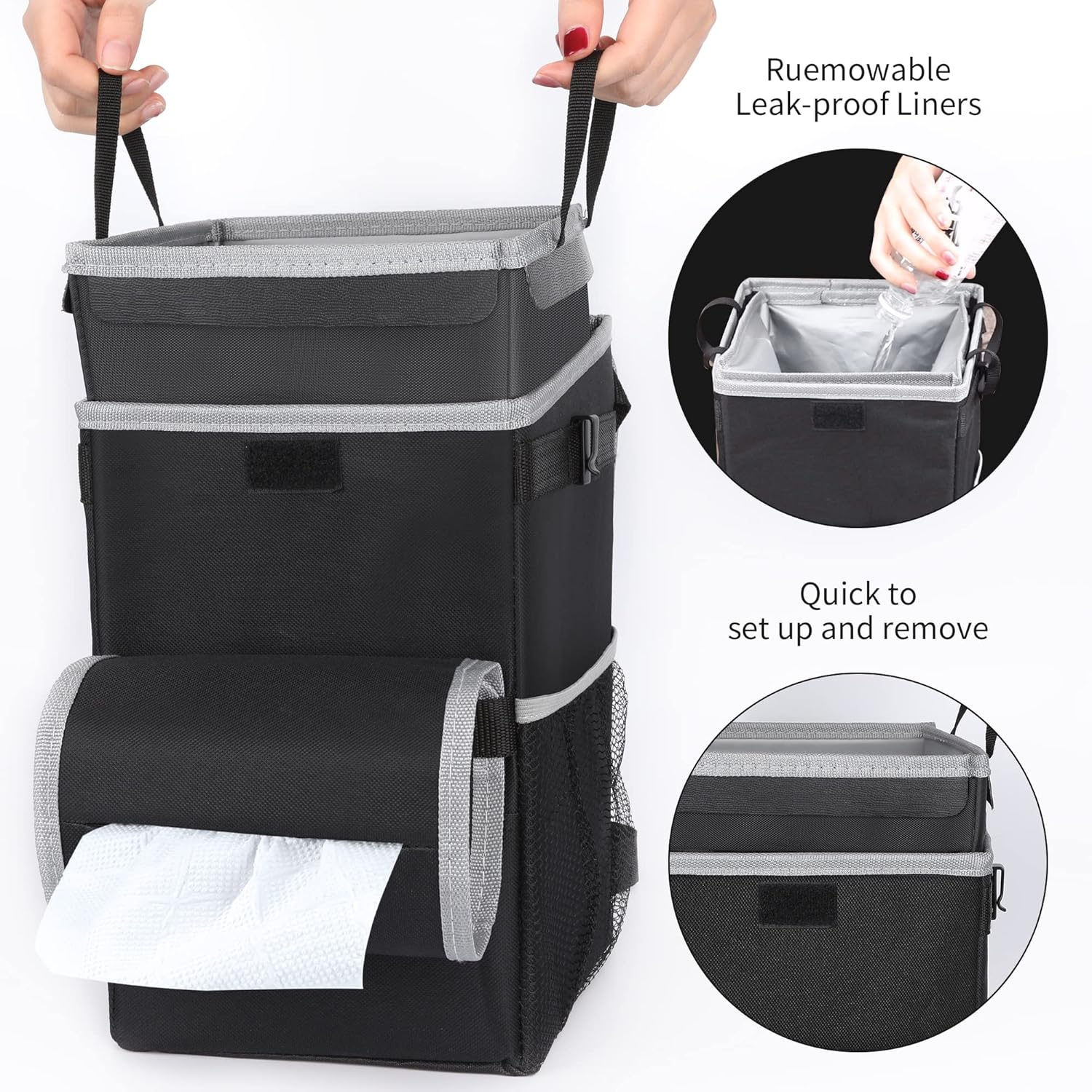 Car Trash Can with Lid and Storage Pockets, Car Liner Removable Storage Bag and Wet Wipe Holder 100% Leak-Proof, car Trash Bag, car Tissue Bag, car Garbage can for Back seat(Grey Trim)
