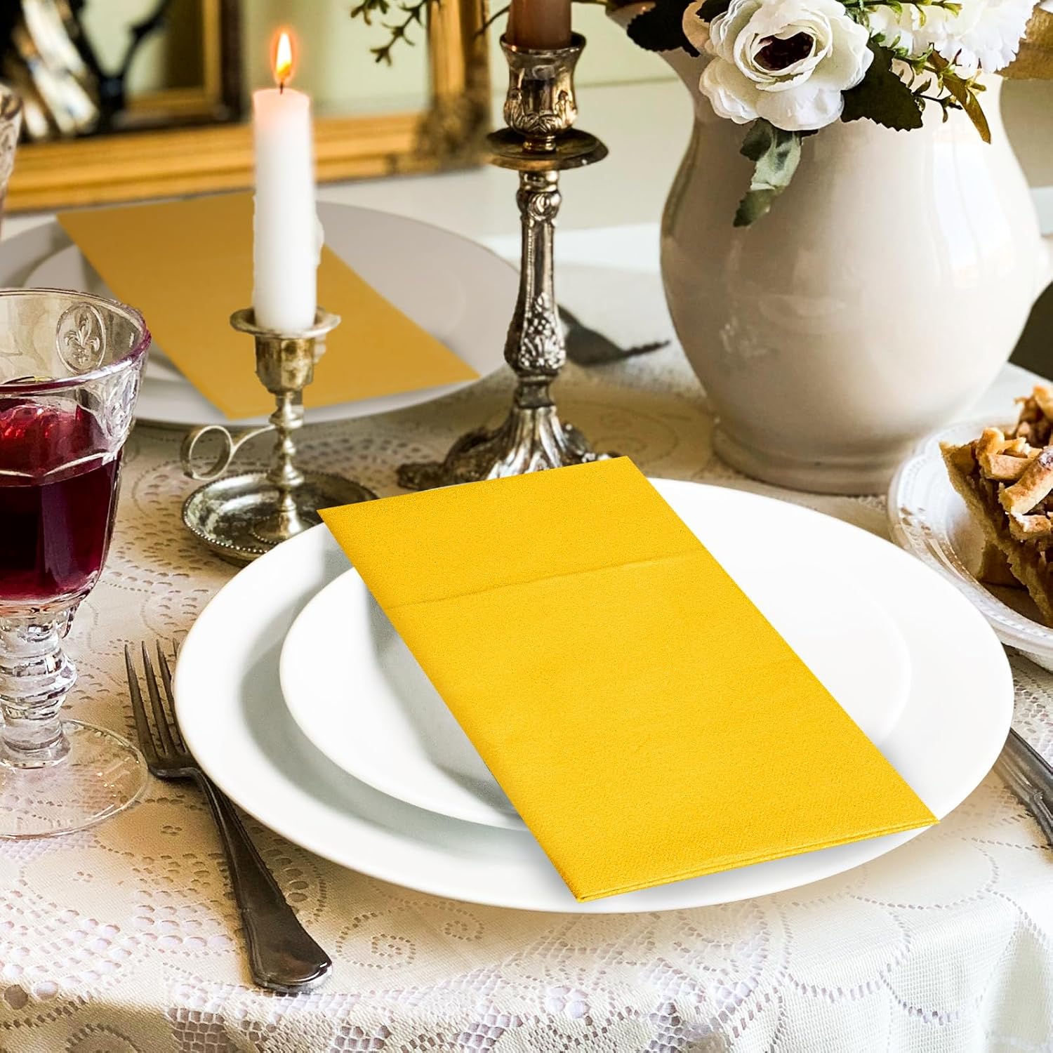 KAMMAK Dinner Napkins Disposable Orange-Yellow Cloth Like Paper Napkins with Pocket 100 Pack Wedding Napkins Reception Guest Hand Towels for Party, Decorative, Bathroom, Restaurant (16.5 x 16.5 inch)