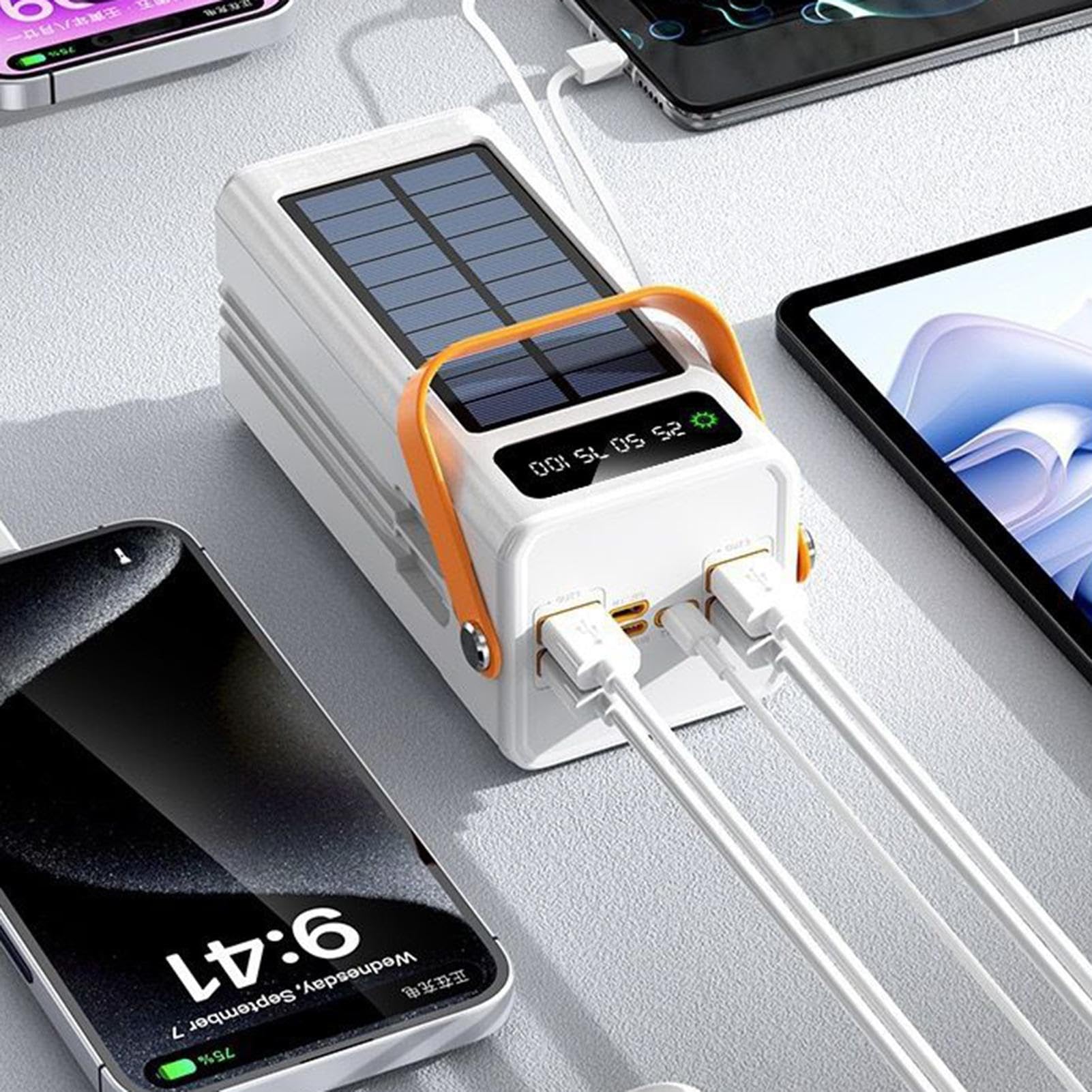 Banque Batterie Solaire - 120W Batterie Externe 50000mAh Équipement Survie | Batteries Solaire Haute Capacité avec Lumière Câbles Intégrés | 4 Sorties 3 Entrées pour Appareils Mobiles Voyage Rout