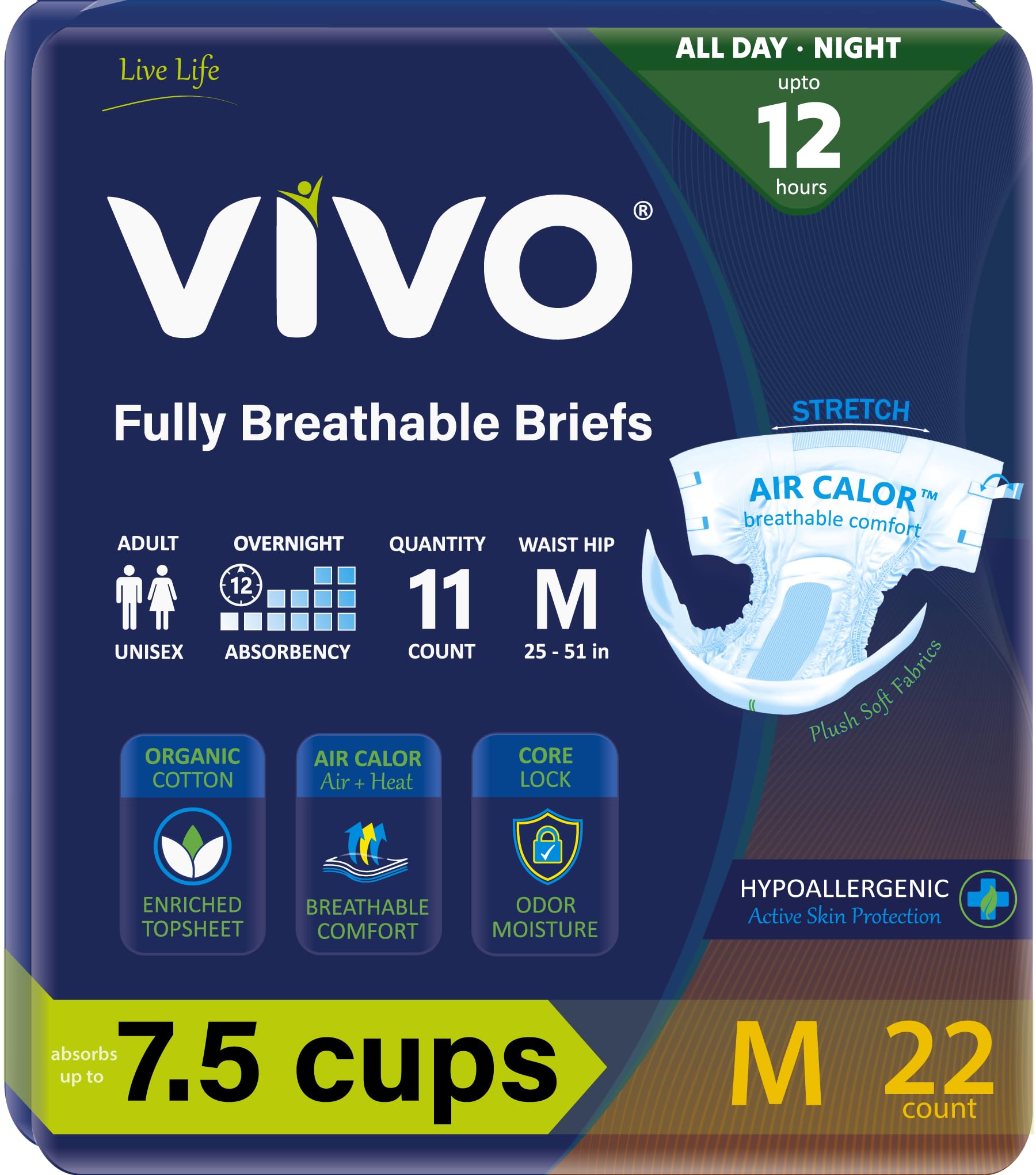 VIVOOrganic Cotton Overnight Sensitive Skin Adult Incontinence Diaper Briefs with Tabs, Medium 22 Count