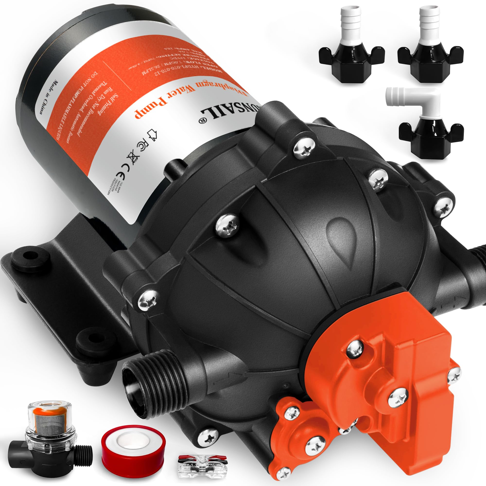 [Ulepszona wersja] samozasysająca membranowa pompa wodna DC 12 V, 40-80 psi, płynna regulacja przepływu wody 7,0 GPM, RV pompa słodkowodna z automatycznym przełącznikiem ciśnieniowym do