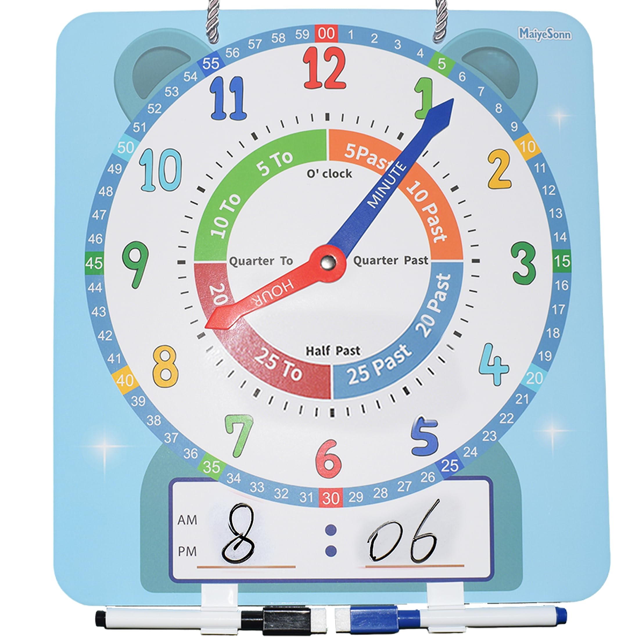 Orologio didattico per bambini, grande, magnetico, scrivibile, cancellabile a secco, con penna, 30,5 cm, orologio dimostrativo per insegnare l'ora per imparare a leggere l'ora per i bambini, a casa
