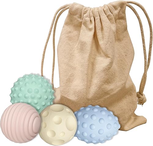 GERARDO'S Toys My First Sensory - Juego de 4 bolas sensoriales con bolsa de lino, formas de superficie suave, texturizada, sensaciones táctiles,