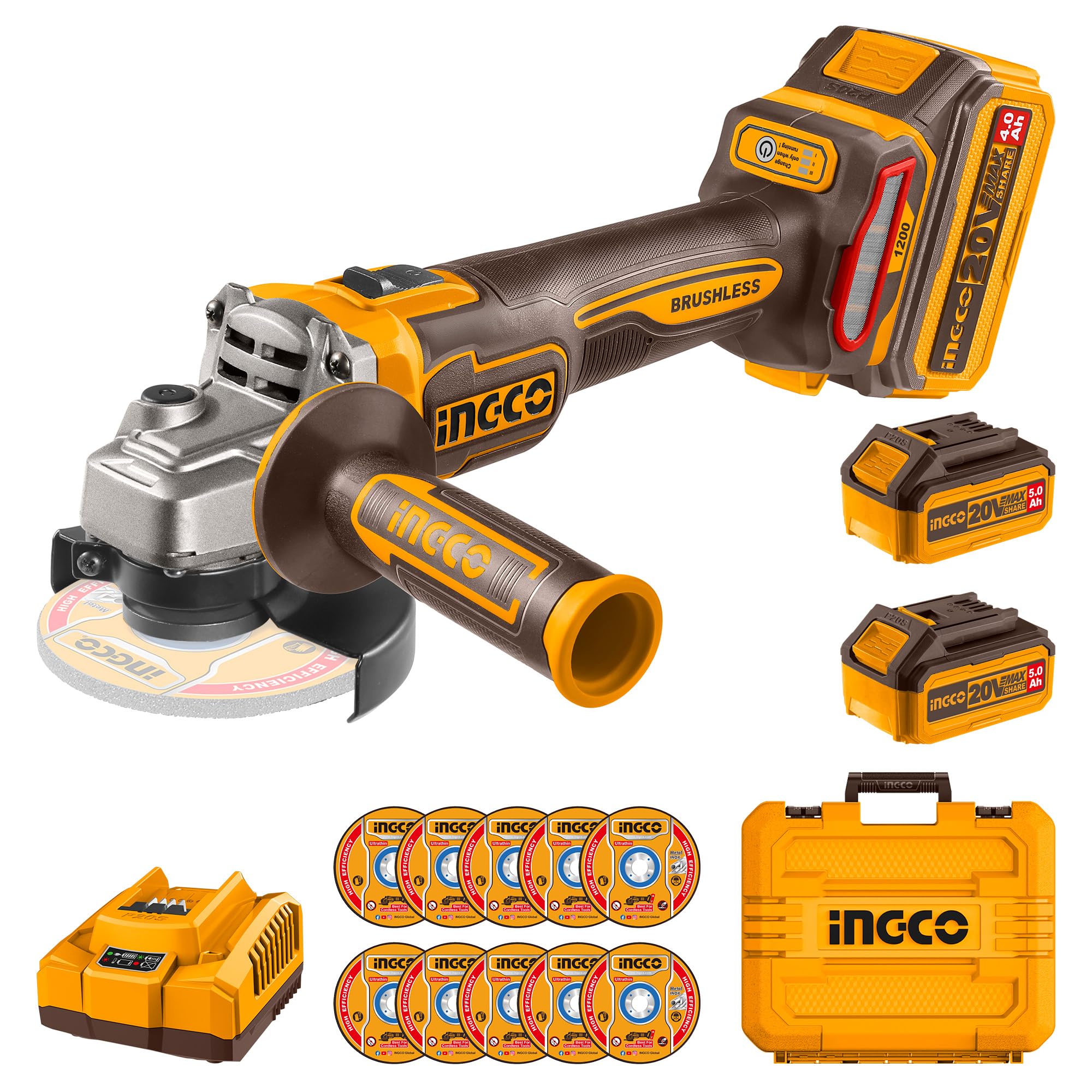 INGCO 20V Brushless Angle Grinder 115mm 1200W, 3 Variable Speed 9000RM, Cordless Grinder Tool with 2Pcs 5.0Ah Battery and 1Pcs Charger CAGLI2211532