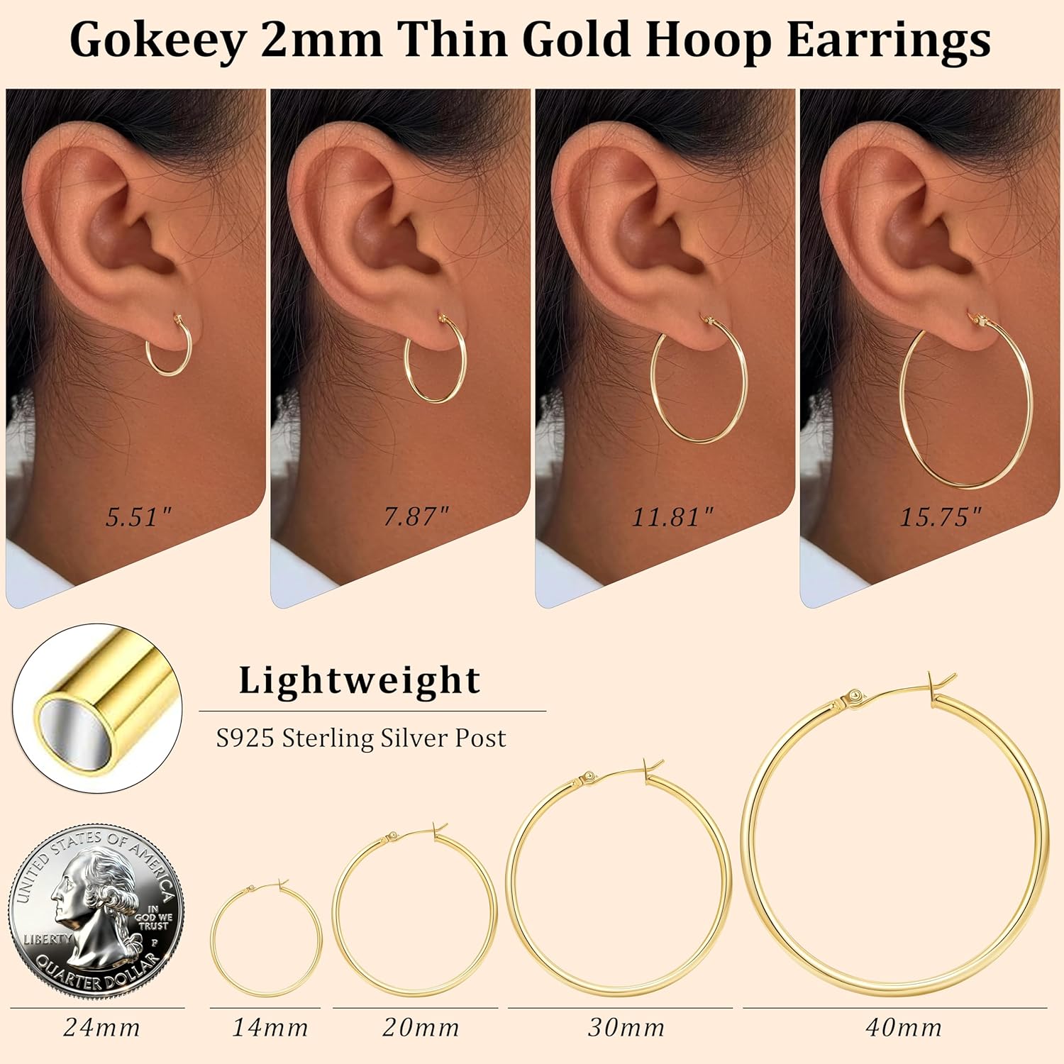Gokeey Gold Hoop Earrings Set for Women,14k Gold Plated Gold Hoops with Sterling Silver Post Hypoallergenic Thin Hoop Gold Earrings for Girls Trendy Jewelry Gifts - Image 4