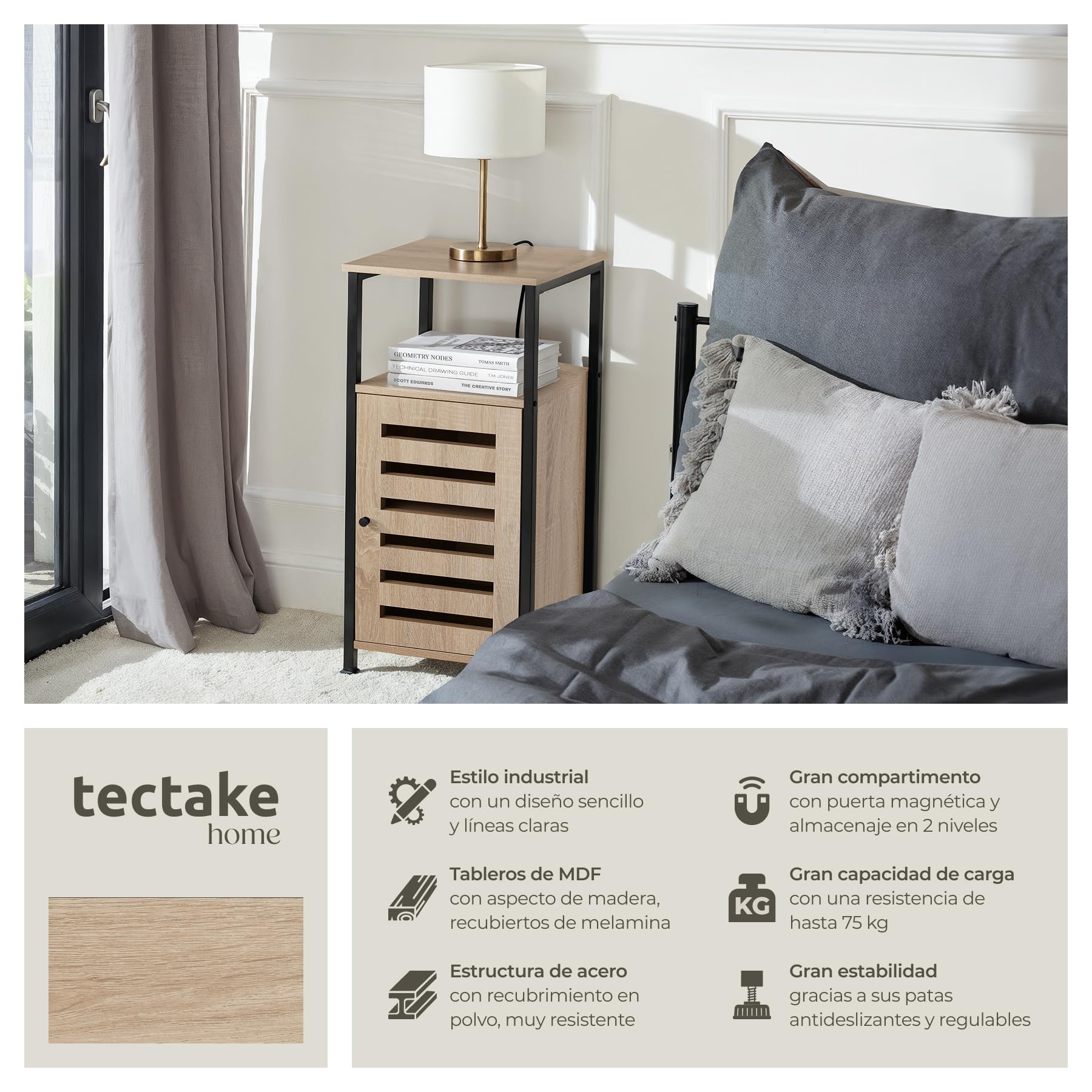 tectake® Mesa Auxiliar Salon Estilo Industrial 2 Estantes y Puerta, Mesita de Noche, Decoracion Hogar, Mesitas de Noche, Mesita Auxiliar - 31,5 x 38,5 x 81 cm Madera Industrial Clara, Roble Sonoma