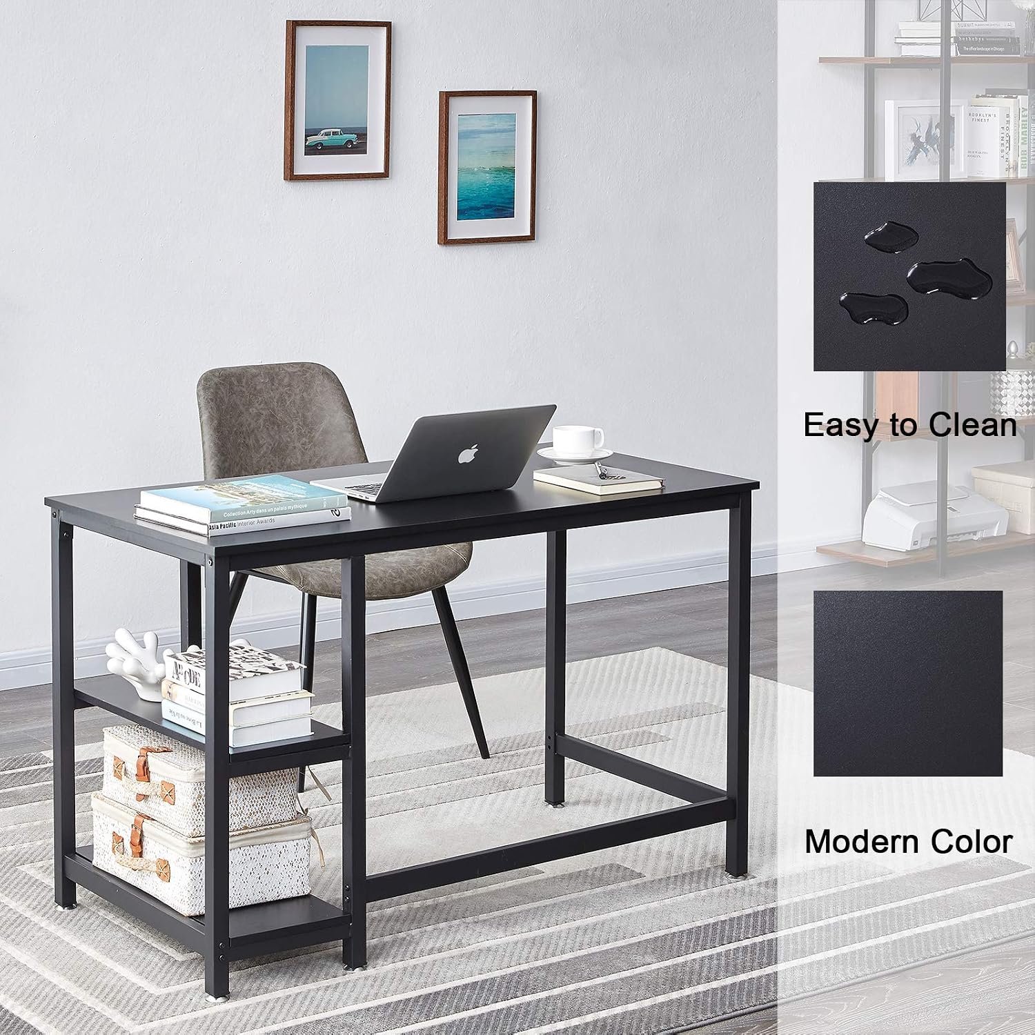 Superjare 47 Inches Computer Desk, Sturdy Home Office Desk for Laptop, Desk with Sided Storage Shelves, Modern Simple Style, Multipurpose Workstation - Black
