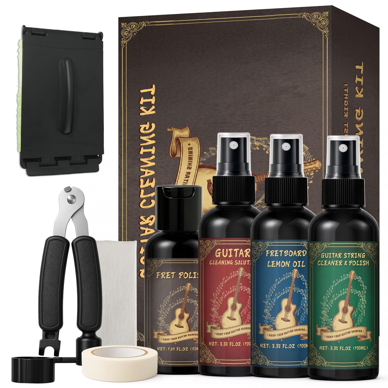 1DFAUL Juego de mantenimiento y limpieza para guitarra de 9 piezas con limpiador de guitarra, pulidor, aceite para diapasón y aceite para cuerdas, para todos los tipos de guitarra, ideal para