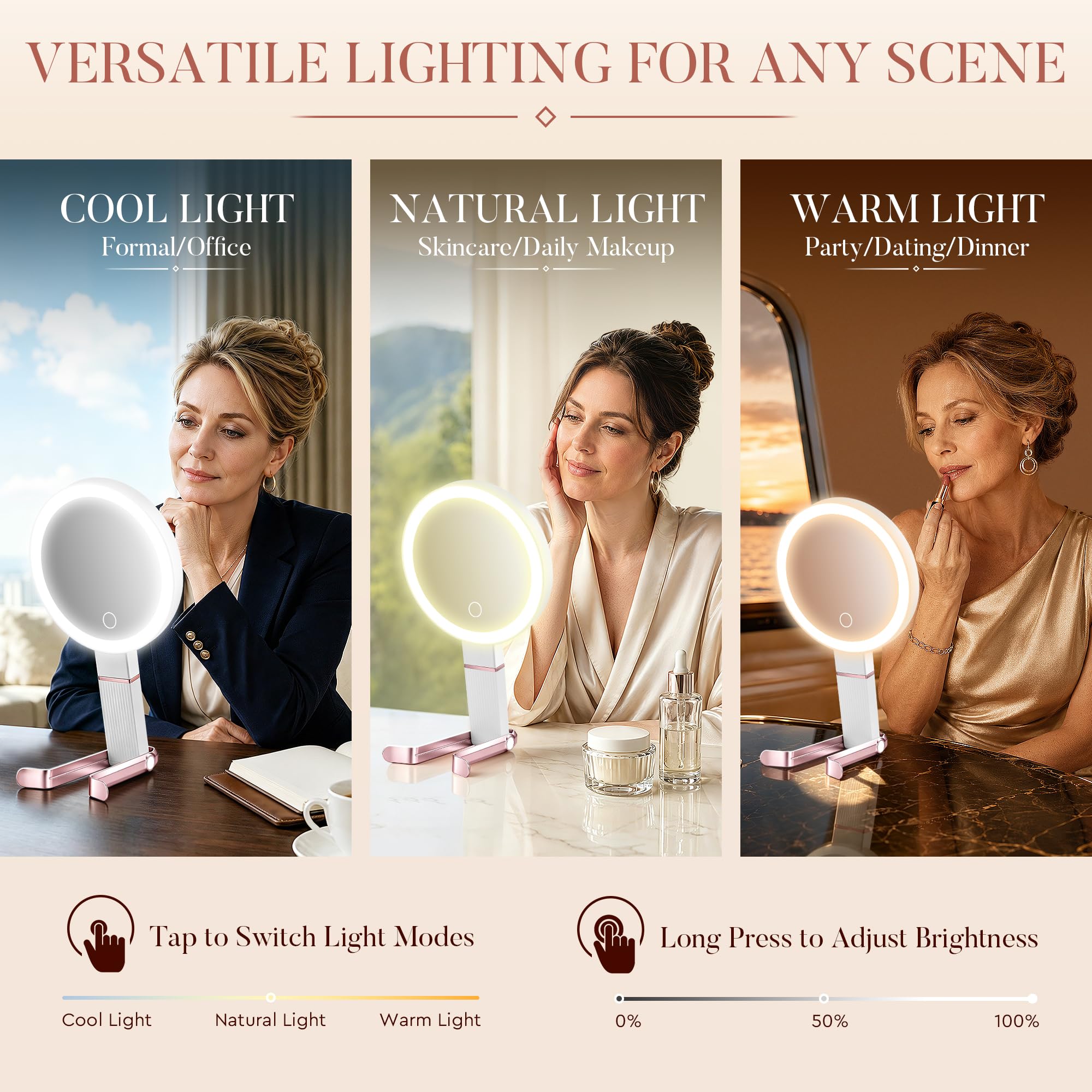 MIYADIVA Specchio da trucco da viaggio con luci, regolabile in altezza 30X/1X, specchio ingranditore a doppia faccia, specchio portatile con display digitale e supporto per telefono, da appendere al