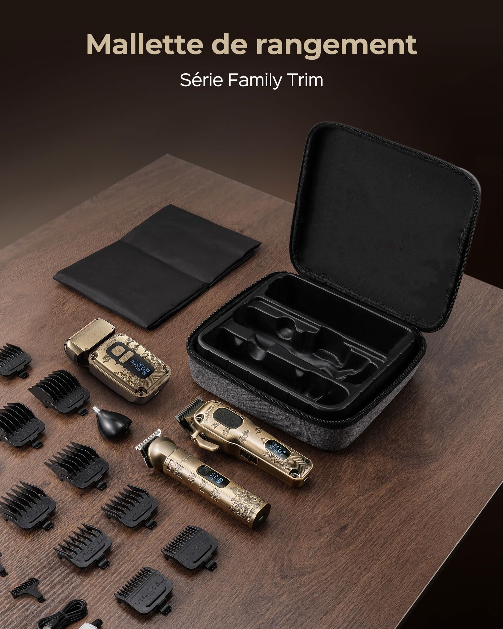VGRPRO kit tondeuse cheveux hommes, barbe, Rasoir Electriques Imperméable à Grille, Tondeuse Cheveux Sans Fil, Réglage à 4 Vitesses, Affichage LED de la Batterie,Utilisation en Barber (Gloden)