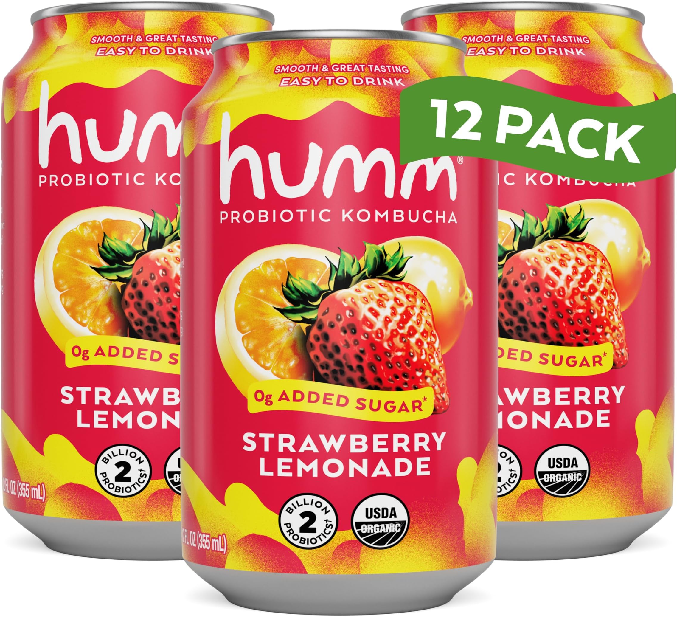 Kombucha Strawberry Lemonade, Organic, Vegan & GMO Free (12 Pack)