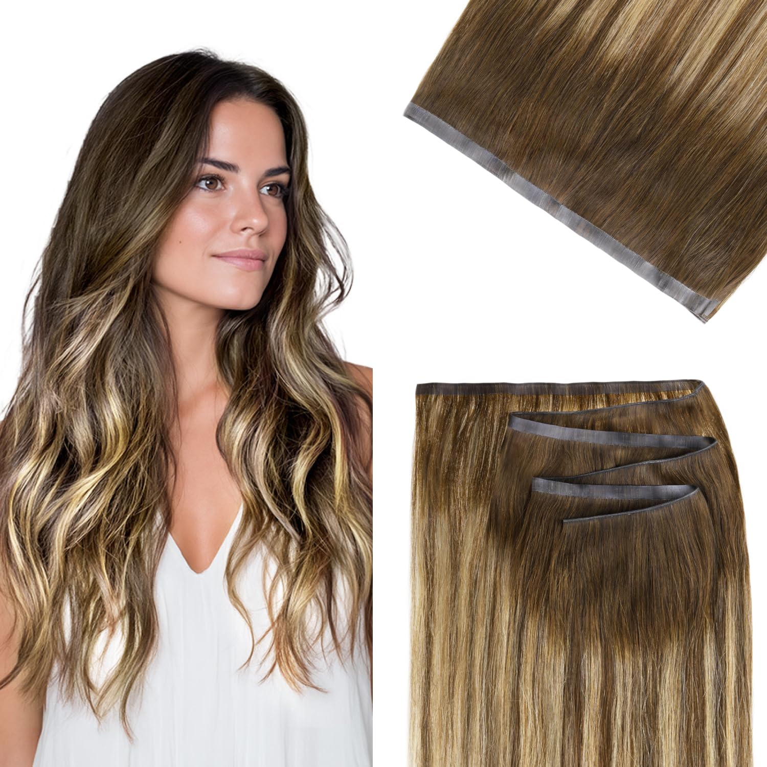 GOO GOO Tape Hair Extensions, Weft Hair Extensions Real Human Hair, 16inch 50g, 4/27/4 Balayage Chocolate Brown to Caramel Blonde