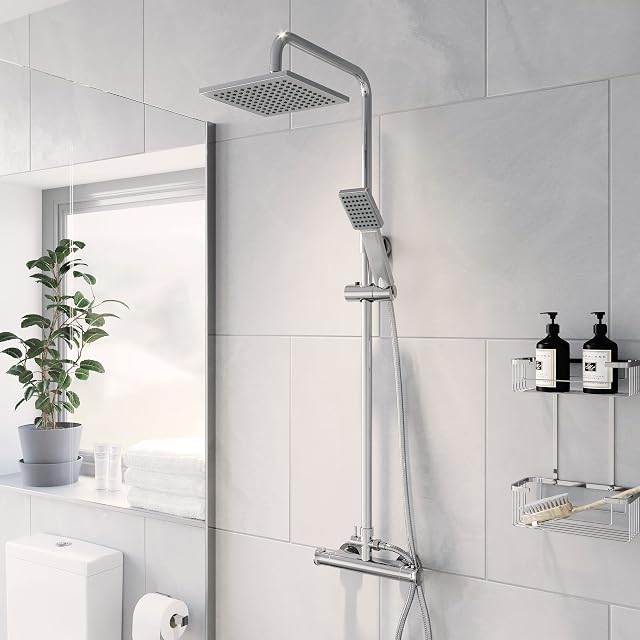Architeckt Thermostatic Shower Mixer Set for Bathroom Square Chrome Designer Rainfall Shower Head Handset Exposed Valve, Hose & Rail