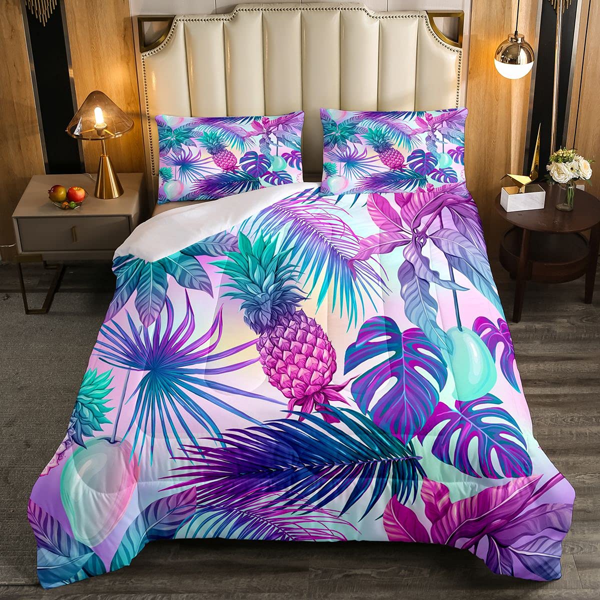 Feelyou Cartoon Pineapple Comforter Palm Leaves Bedding Set Tropical Botanical Comforter Set Watercolor Purple Blue Decor Quilt Set Bedroom Collection 2Pcs Twin Size