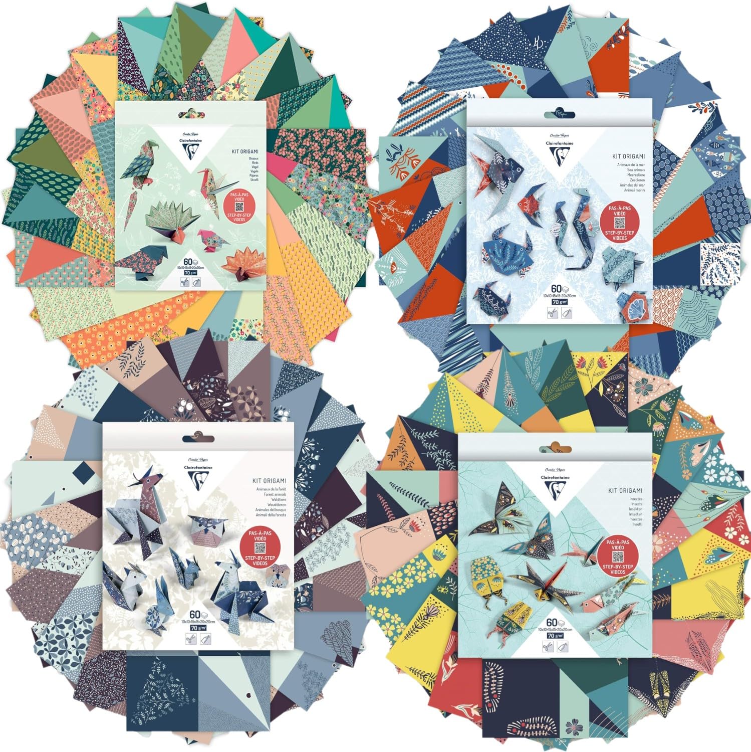 Clairefontaine 95382C - KIT ORIGAMI, pochette de 60 feuilles 10x10cm - 15x15cm - 20x20cm 70g, Décor Oiseaux