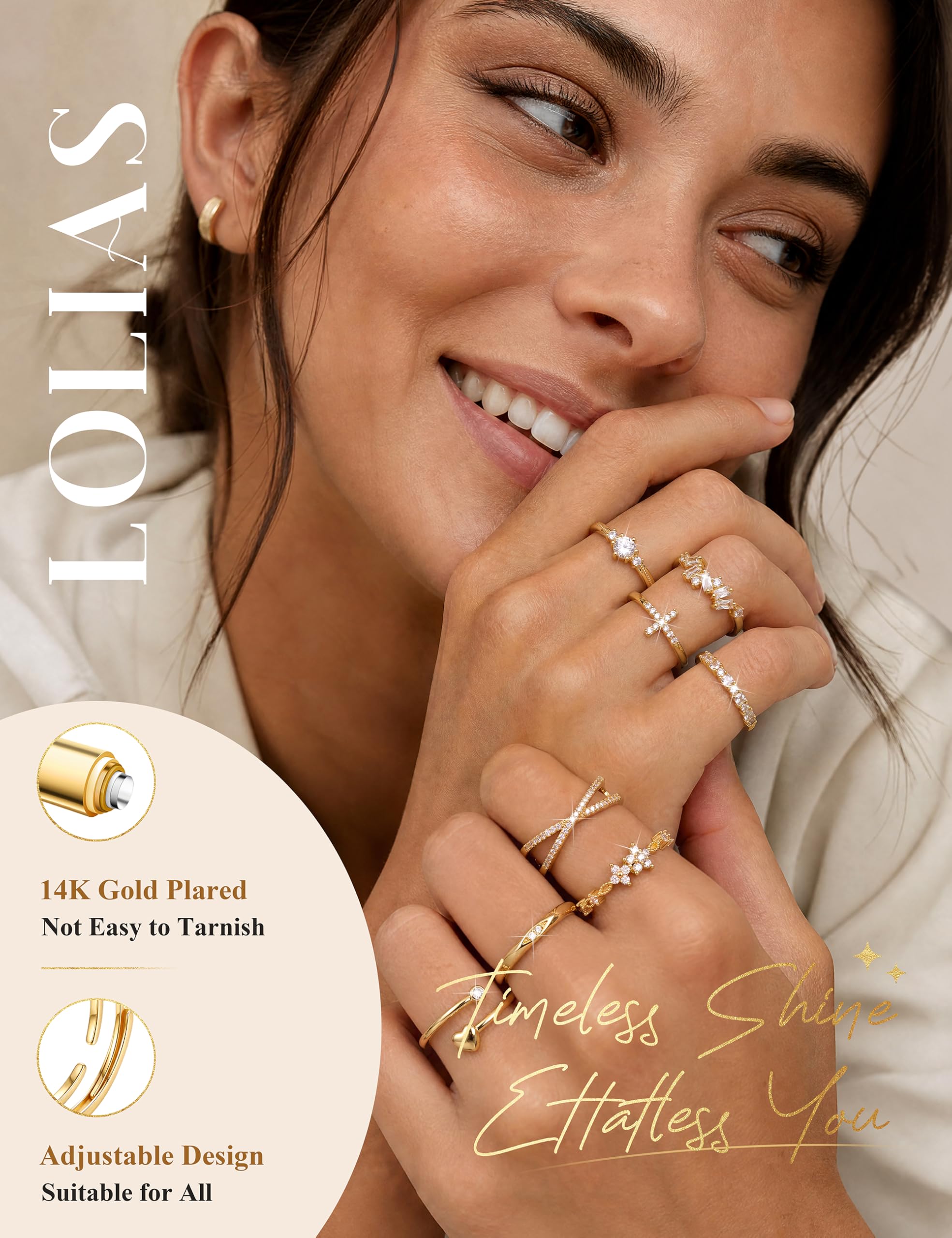 LOLIAS 8 Stück Ringe Gold/Silber Wasserfest Ring Verstellbar Statement Ringe Damen Fingerring Stapelringe Verlobungsring Herz Promise Rings Set Schmuck