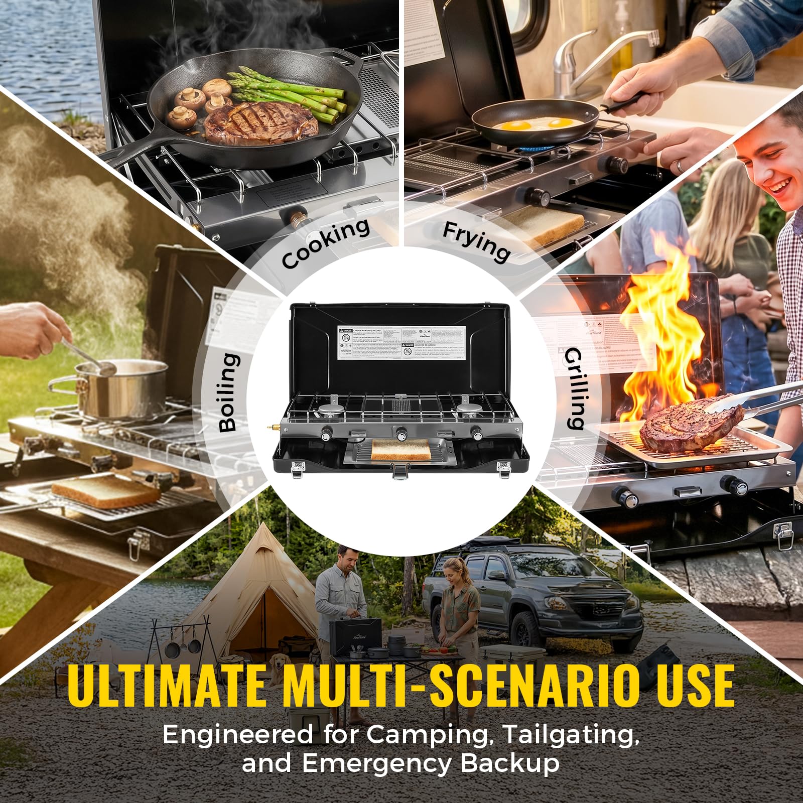 FineFlame Fornello da campeggio, 3 fuochi a propano portatile con regolatore, accensione istantanea a pulsante, bruciatori regolabili e paravento per auto, barbecue, picnic, cucina all'aperto (black