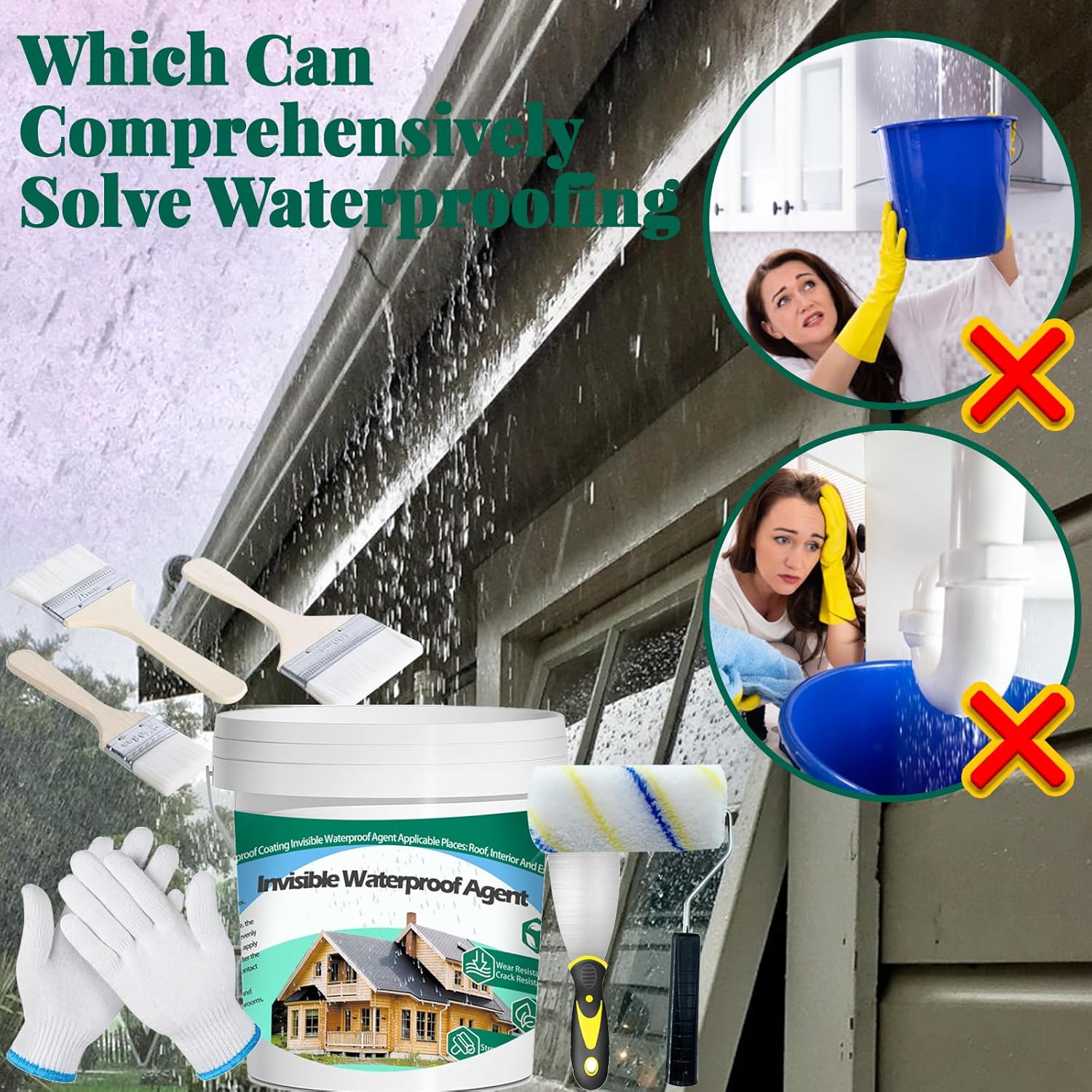 3Kg/106Fl.oz Invisible Waterproof Agent Indoor&Outdoor Waterproof Coating Set Transparent Liquid Sealant with Wooden Brush Resistant Work Gloves Putty Knife Cut Paint Roller thumbnail