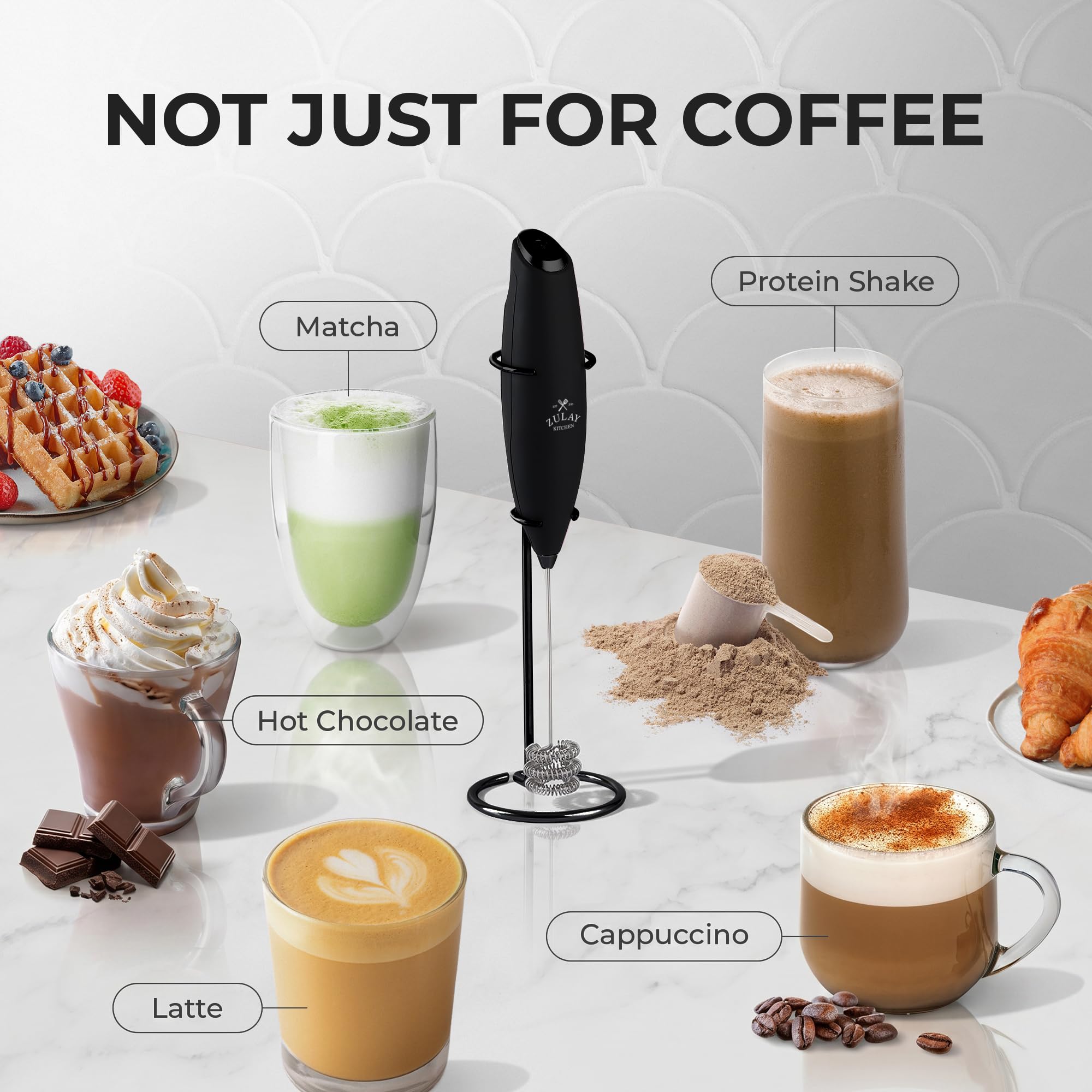 Zulay Kitchen Tornado Mousseur à lait breveté à triple fouet avec 4 piles Duracell – Machine à mousse portable pour café, latte, matcha et chocolat chaud – Mousse riche et crémeuse en quelques