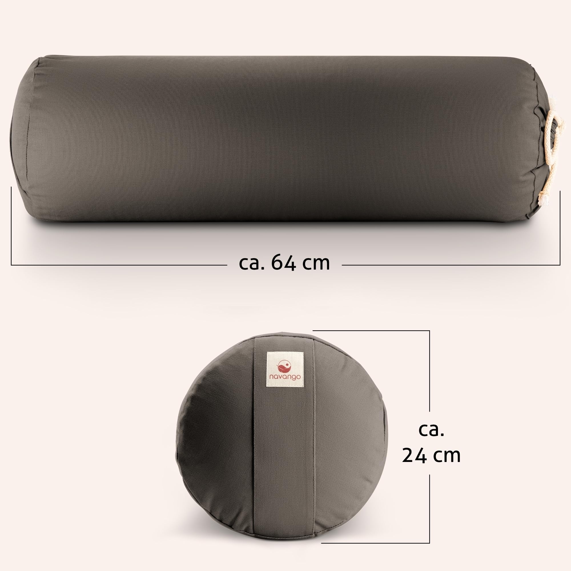 Yoga Bolster – Handmade in Germany, 24cm x 64cm | Yoga Rolle mit praktischem Tragegriff, 100% Dinkelspelz Füllung, Waschbarer Bezug 100% Baumwolle