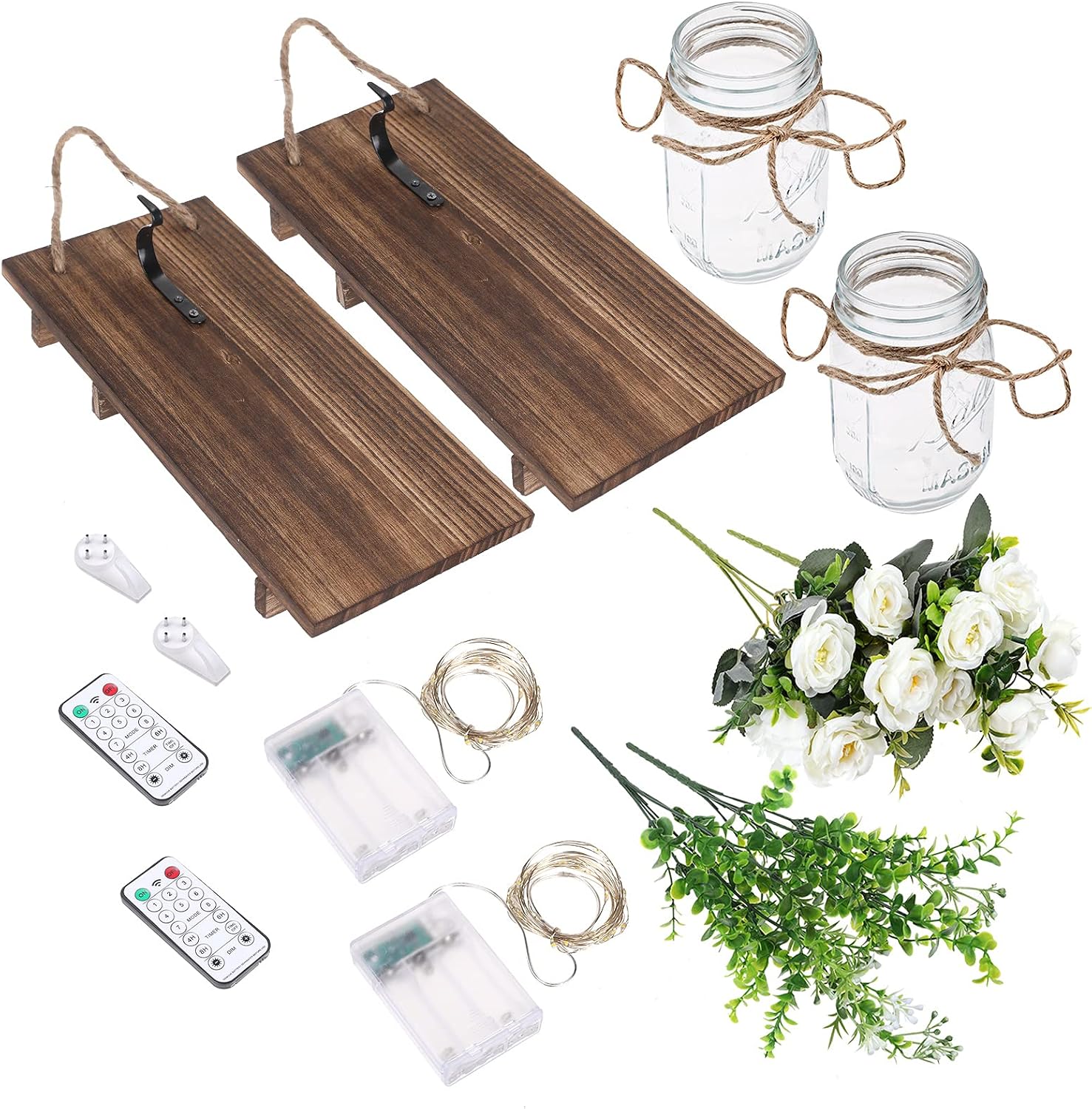 Anpro Mason Jars sconces with Lights,Decorative Mason Jar Wall Decor,Rustic Wall Sconces with 6-Hour Timer LED Fairy Lights and Flowers (2 Pack) Iron Hooks for Christmas,Halloween Decorations