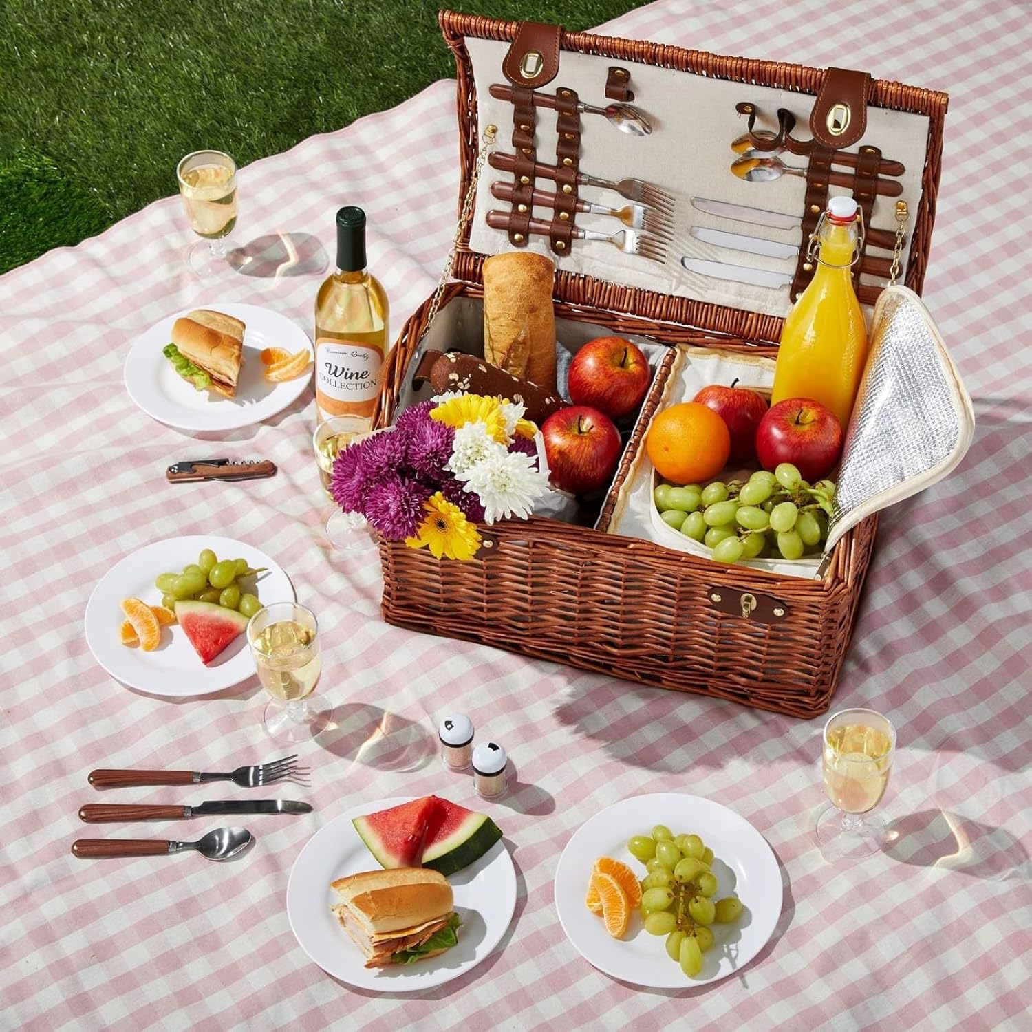Juvale Picnic Basket for 4 People - 18.1 x 12.2 x 10.2 Inches, Brown, Classic - Complete Wicker Picnic Basket Set with Cooler Bag, Dishes, Utensils & Glasses - Image 3
