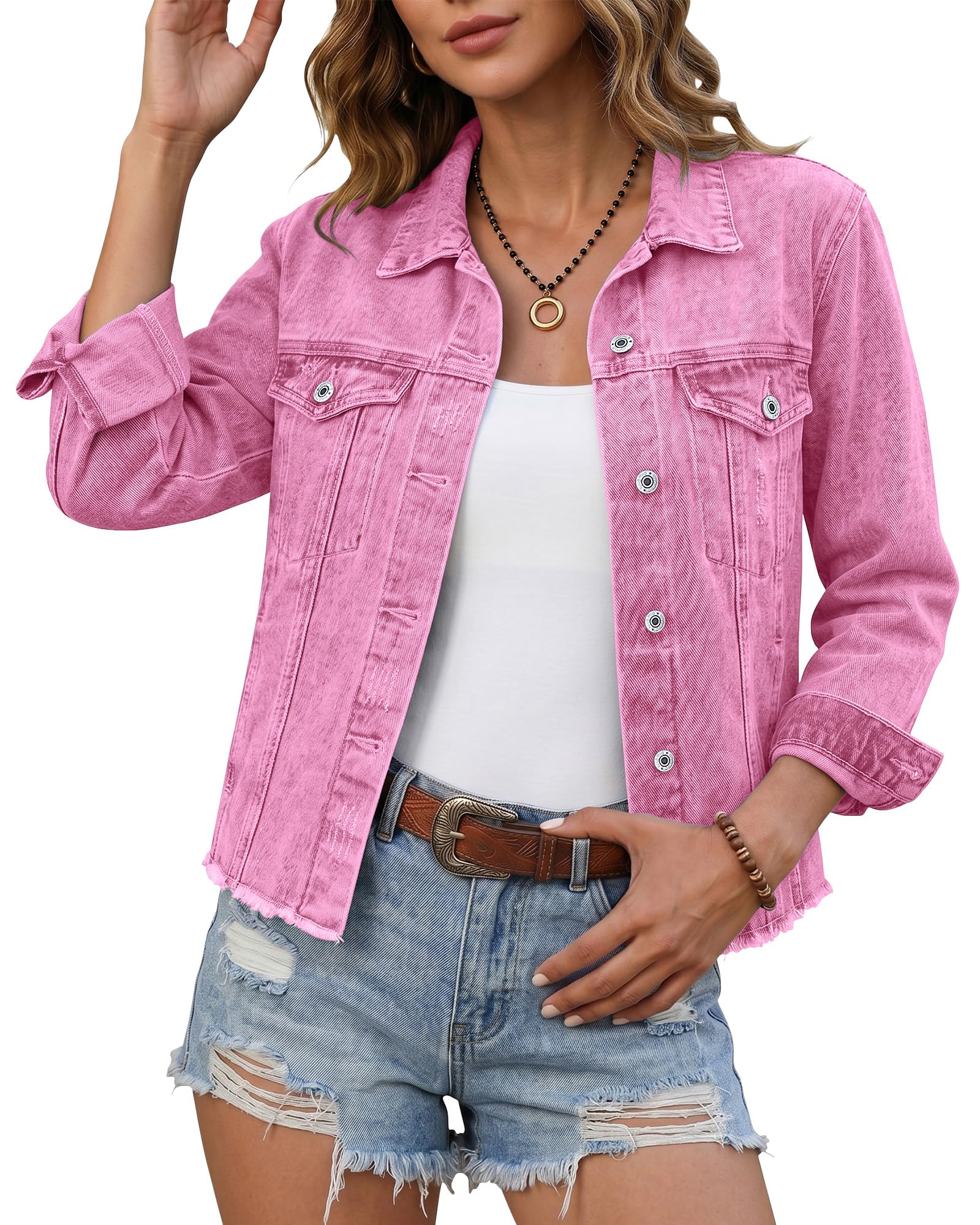 luvamia Denim Jacket for Women Distressed Jean Jackets Button Up Vintage Western Trucker Jacket Frayed Hem Pockets