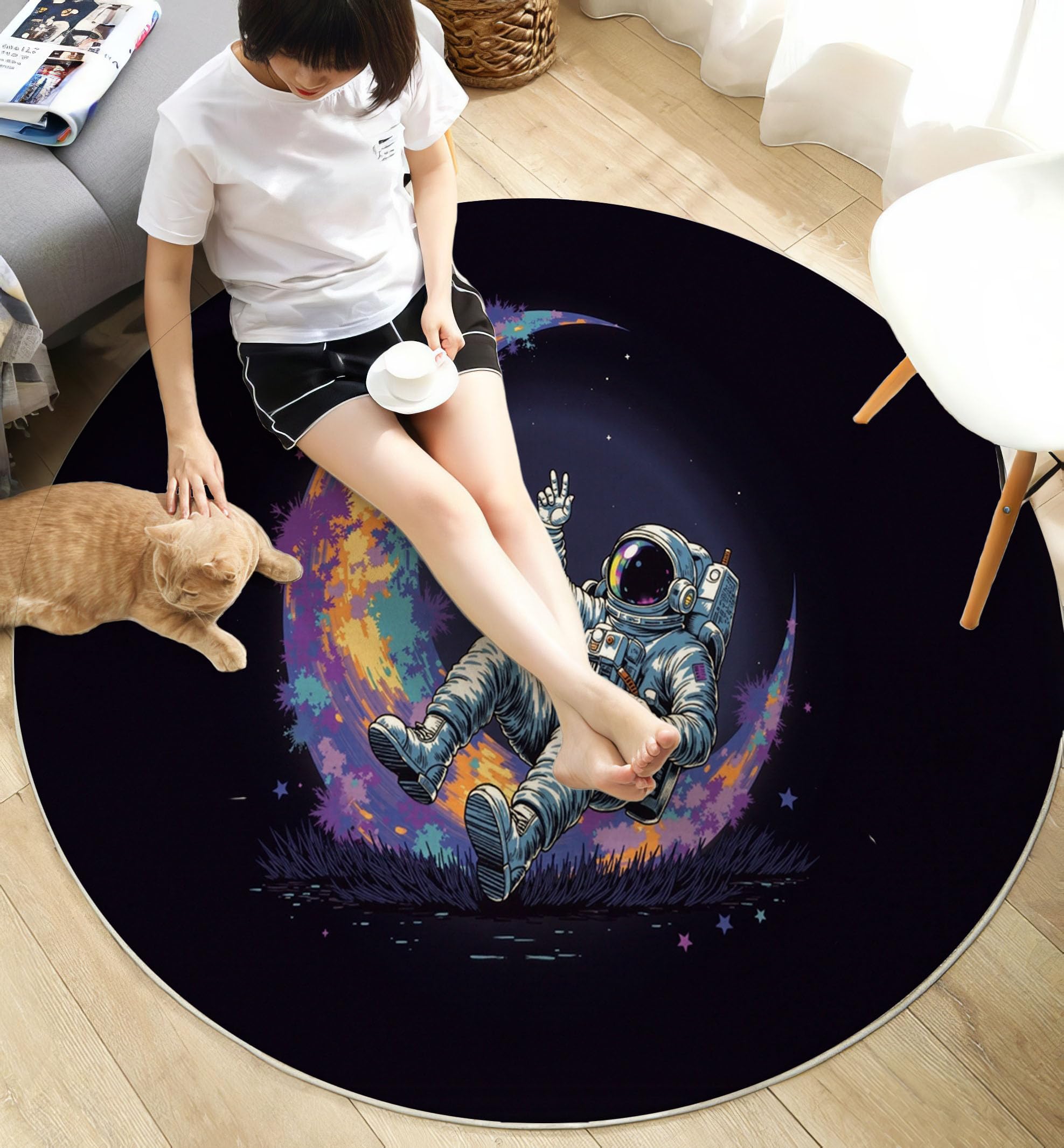 Tapis Rond Aquarelle Lune Astronaute 100 Cm, Lavable En Machine Pour Salon, Ne Perd Pas Ses Poils, Antidérapant | Tapis Affiche Science-Fiction Pour Chambre À Coucher Chambre D'Enfant, Noir Violet