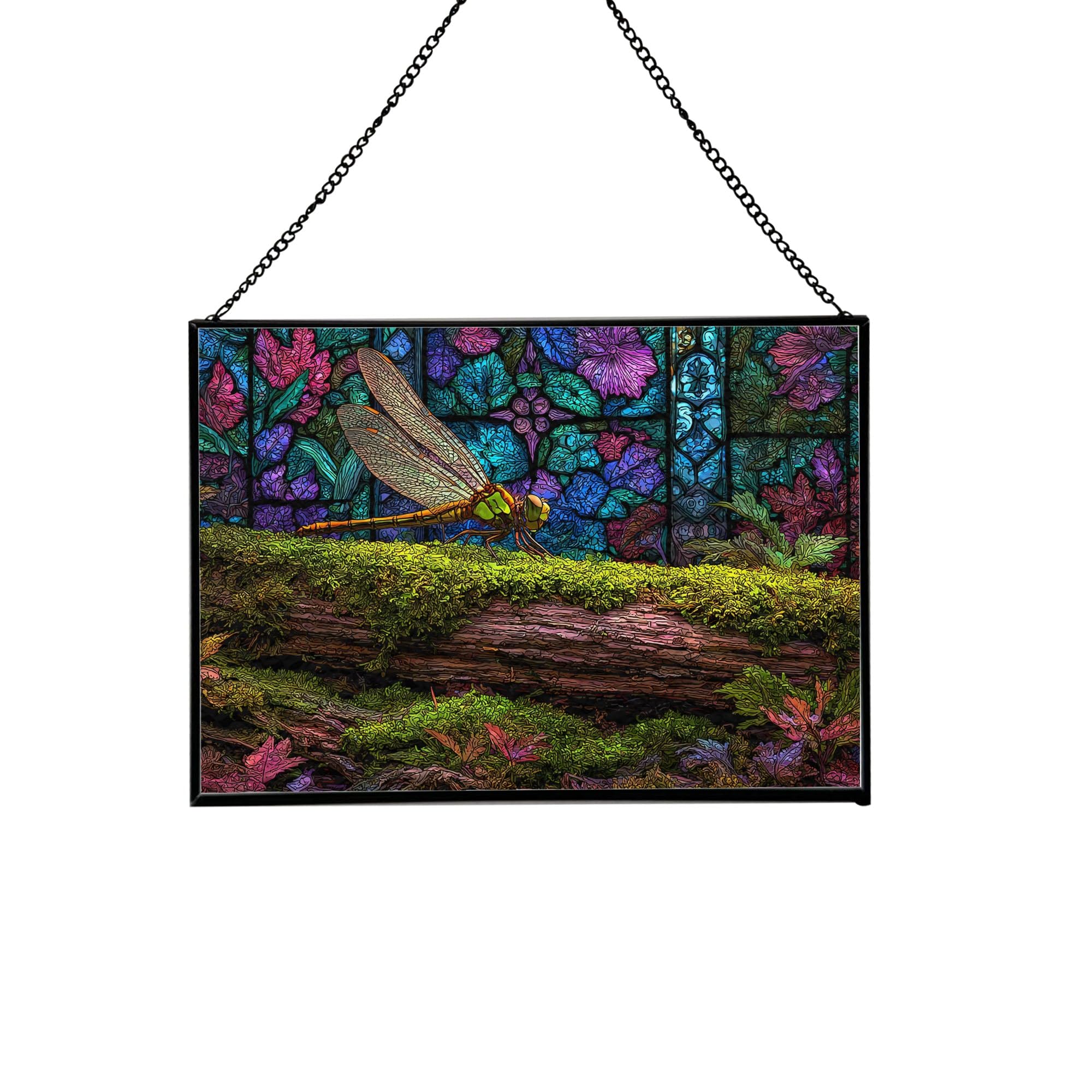 Dragonfly Hovering – Mossy Log Animal Stained Glass Suncatcher – Rectangular Hanging Window Panel with Artistic Nature Background – Wildlife Glass Art Gift for Animal and Nature Lovers gFFkwK