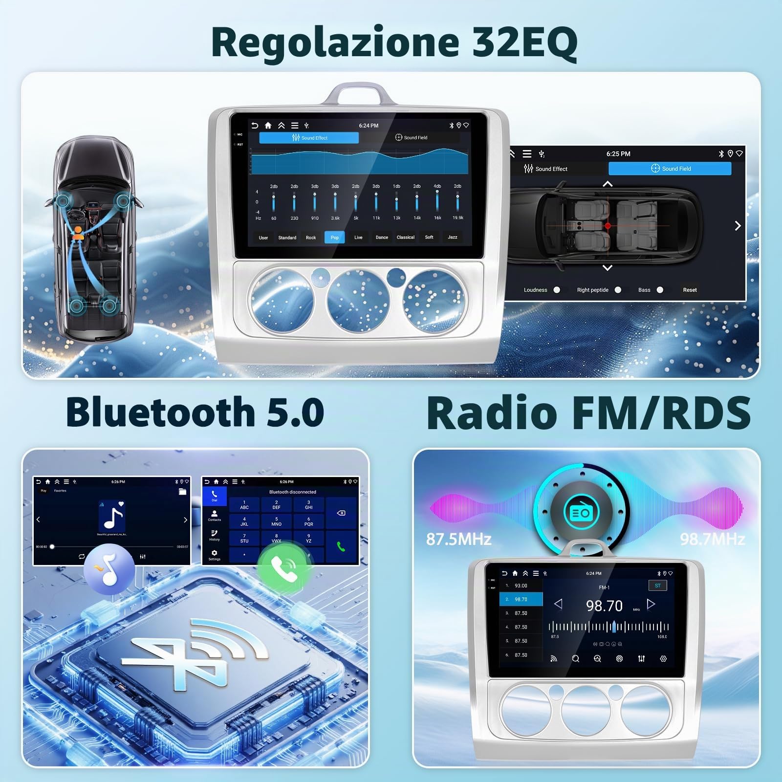 Autoradio Motorsi 2 Din 4G+64G Per Ford Classic Focus 2004-2011, Autoradio 9 Pollici 1280P Con Sistema Android 15, A-pple Carplay Android Auto GPS Bluetooth 5.0 WiFi FM/RDS 2USB Supporta DAB+ OBD2