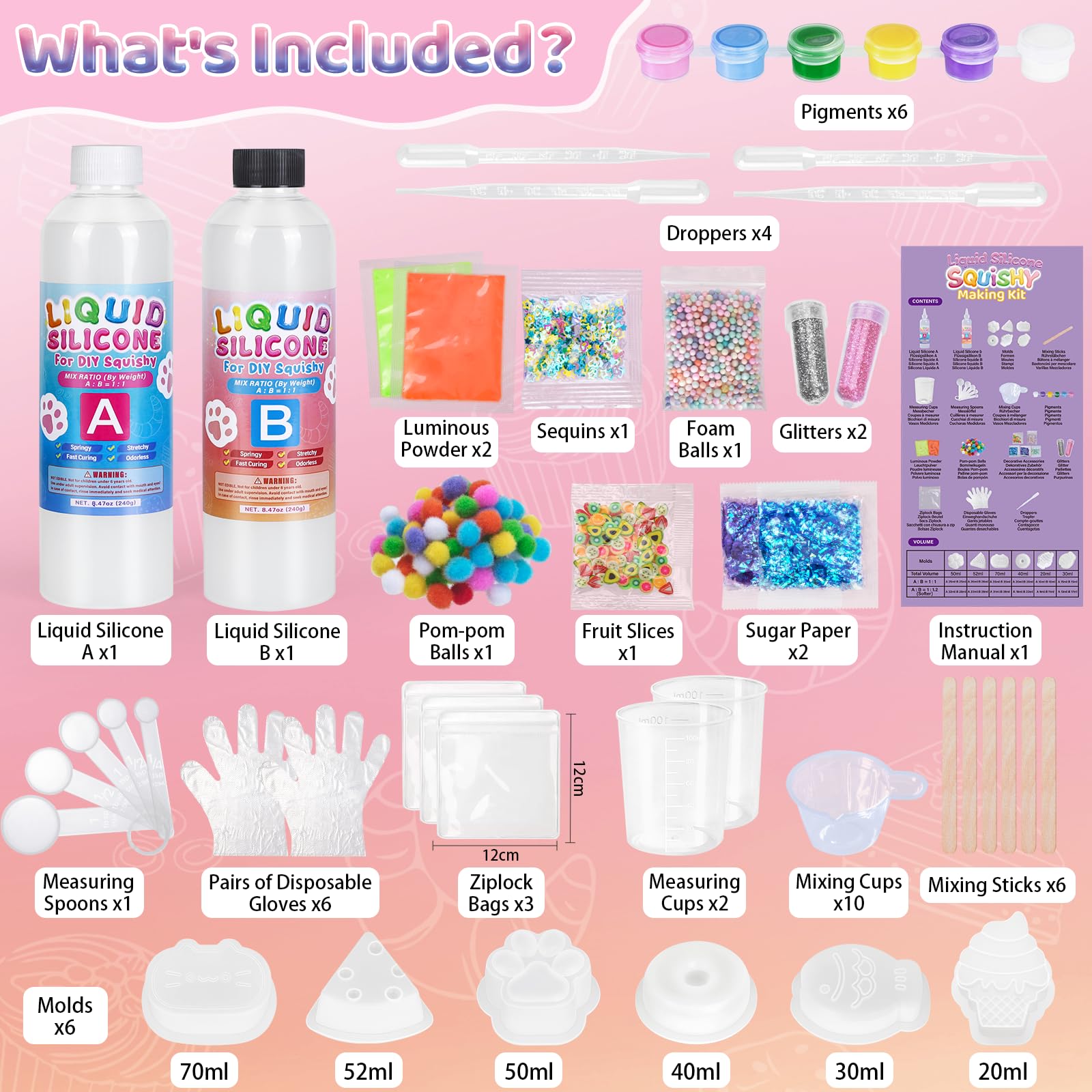 Highttoy Kit Squishy Silicona Líquida Luminoso Bricolaje, 480ml AB Proporción 1:1 Squishy Goma de Silicona avec 6 Moldes y Accesorios, Juguetes Sensoriales Antiestrés para Niños 6+ Años