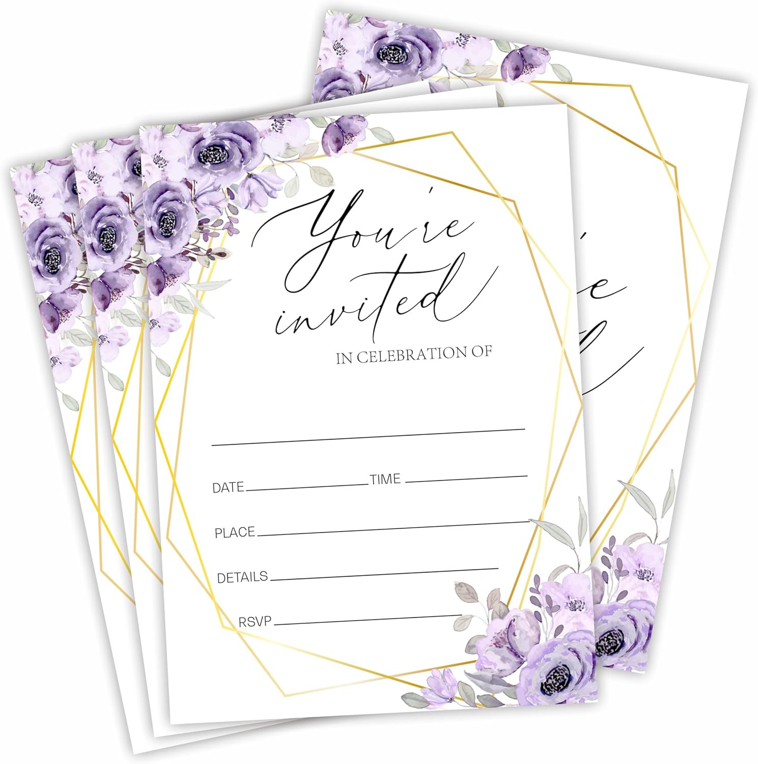 25 Purple Floral Wedding Day Invitation Cards With Envelopes