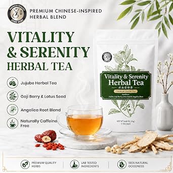 Herb Guru Calm Energy & Daily Balance Traditional Chinese Herbal Tea for Modern Wellness, Caffeine Free Tea with Jujube, Goji Berries, Lotus Seed & Angelica Root, Vitality & Serenity, 5 Tea Bags