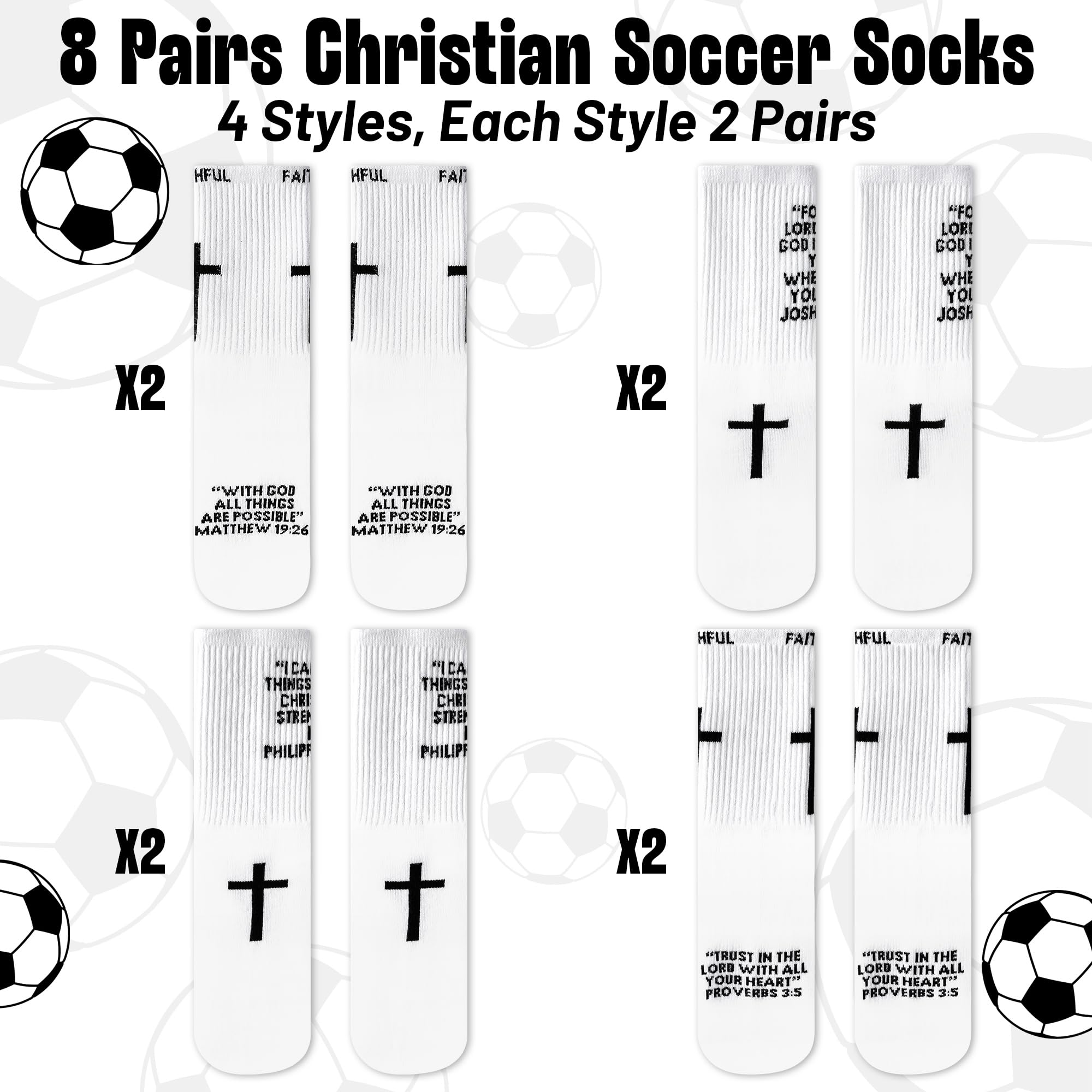 R HORSE Lot de 8 paires de chaussettes de football religieuses pour homme et femme, chaussettes de football antidérapantes en coton avec verset de la Bible, cadeaux de sport pour jeunes papas, cadeaux