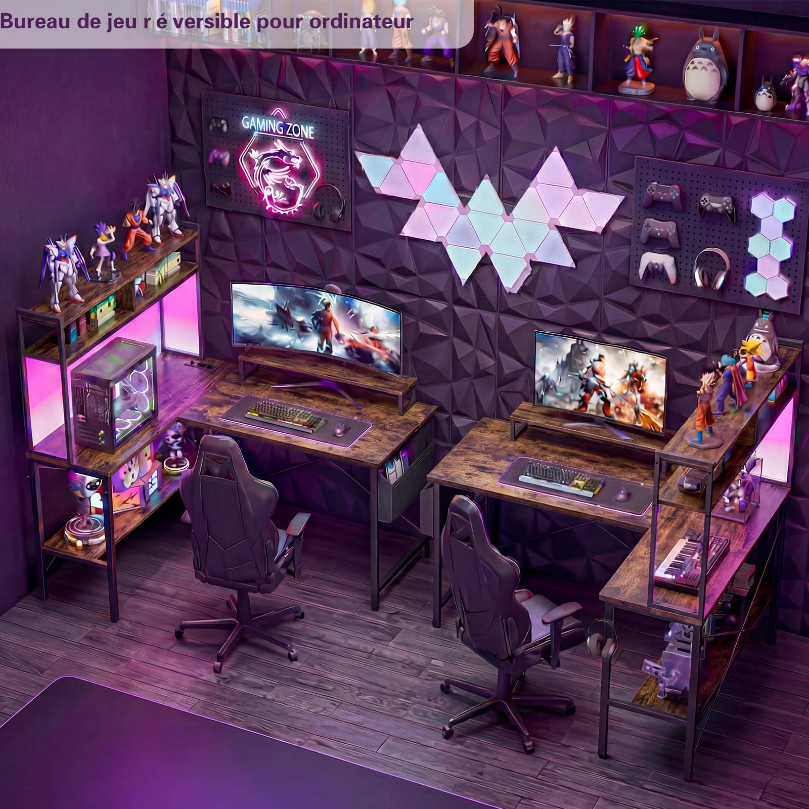 Homieasy Bureau Gaming d'angle 124cm avec LED et Prises, Brun Rustique
