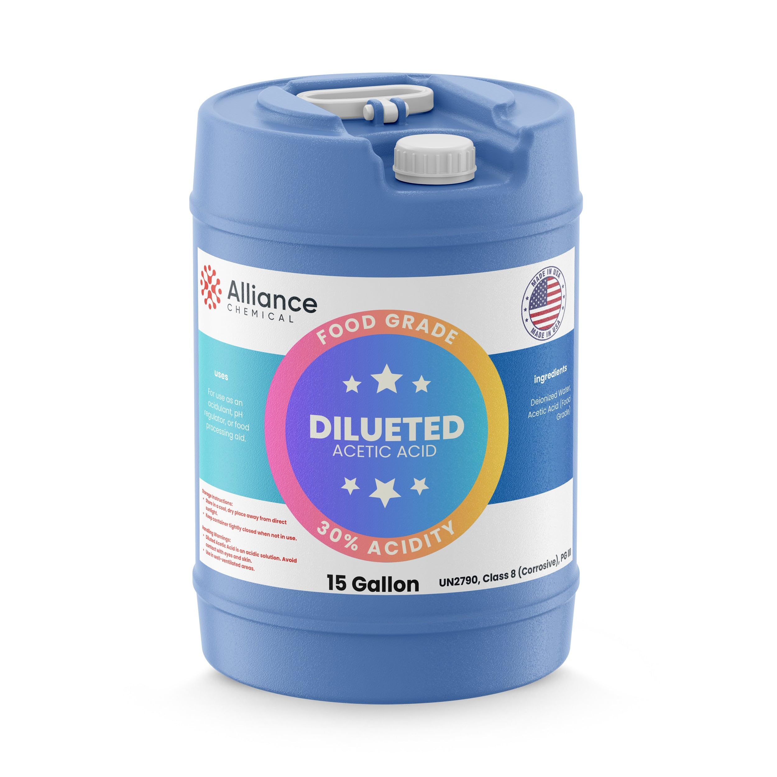 30% Diluted Acetic Acid Food Grade - 15 Gallon Drum – for Industrial Cleaning, pH Adjustment, Metal Surface Treatment, and Chemical Processing