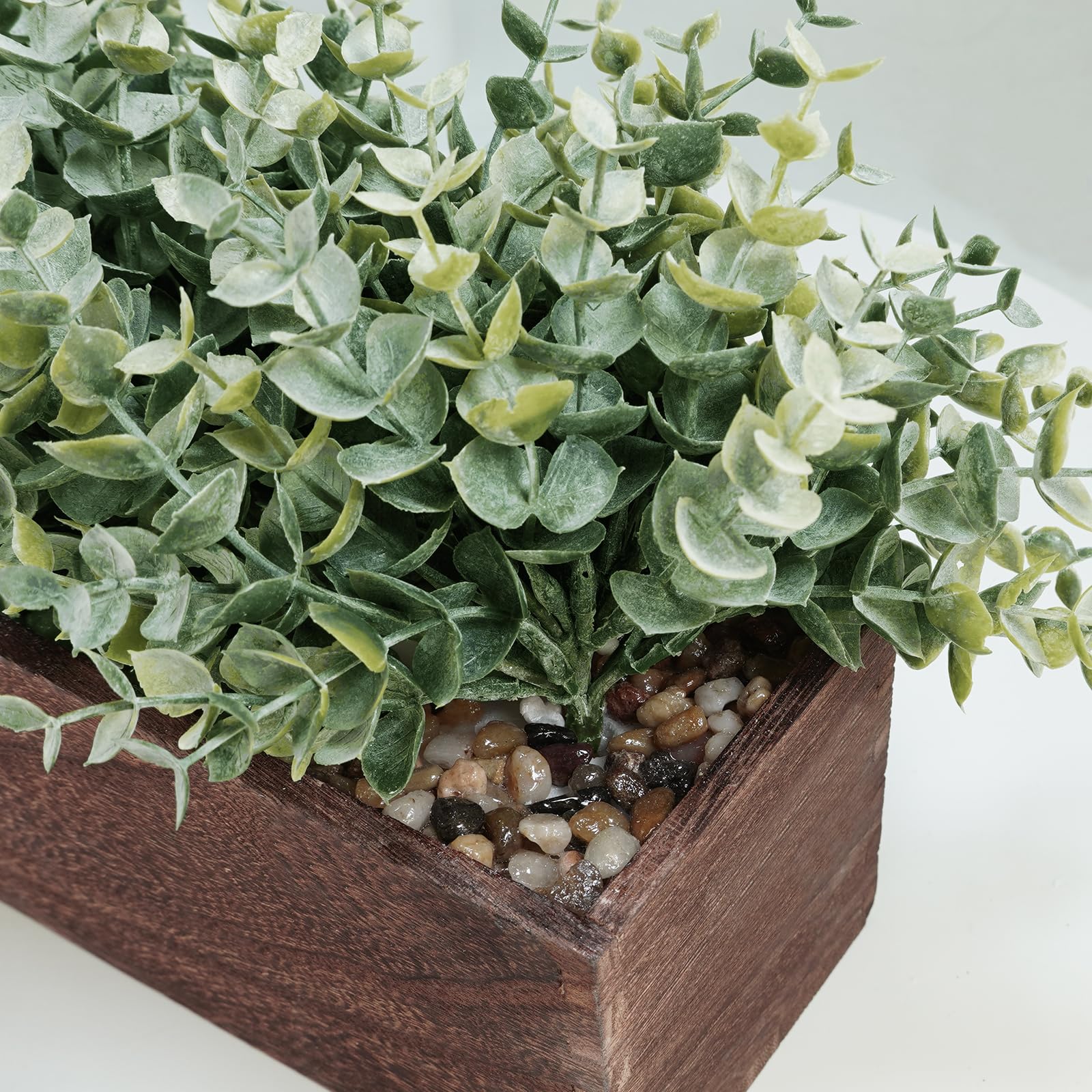 Eucalipto artificial de 14 pulgadas en maceta rectangular de madera, arreglo de plantas sintéticas, planta de eucalipto en maceta de madera para granja, boda, comedor, centro de mesa, 3