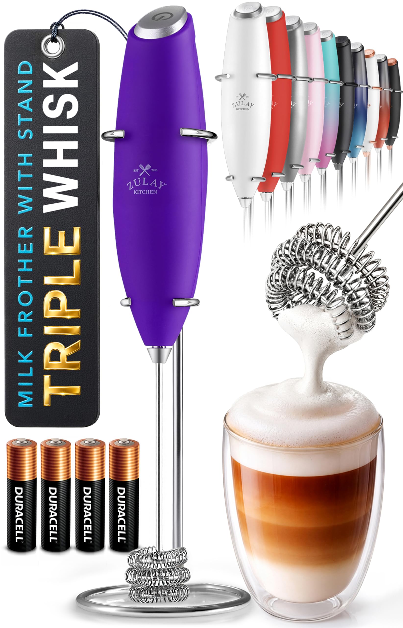 Zulay Kitchen Powerful Milk Frother Wand With Duracell Batteries - Ultra Fast Handheld Drink Mixer - Electric Whisk Foam Maker for Coffee, Lattes, Cappuccino &amp; Matcha - Triple Whisk - Black
