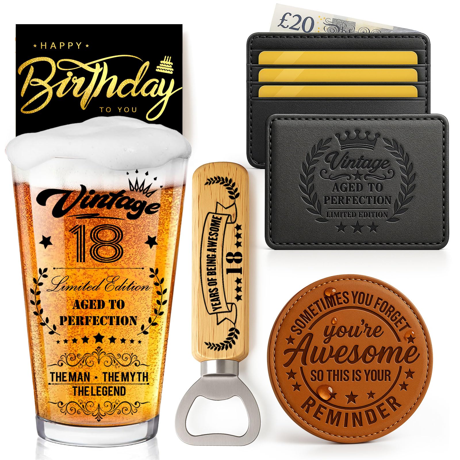 Joybble Mens Gift Set, 18th Birthday Gifts for Boys, Personalised Beer Glass with Card Holder, 18th Birthday Decorations for Him, Beer Glasses Gift Ideas for 18 Years Old Boy, Valentine's Day Present