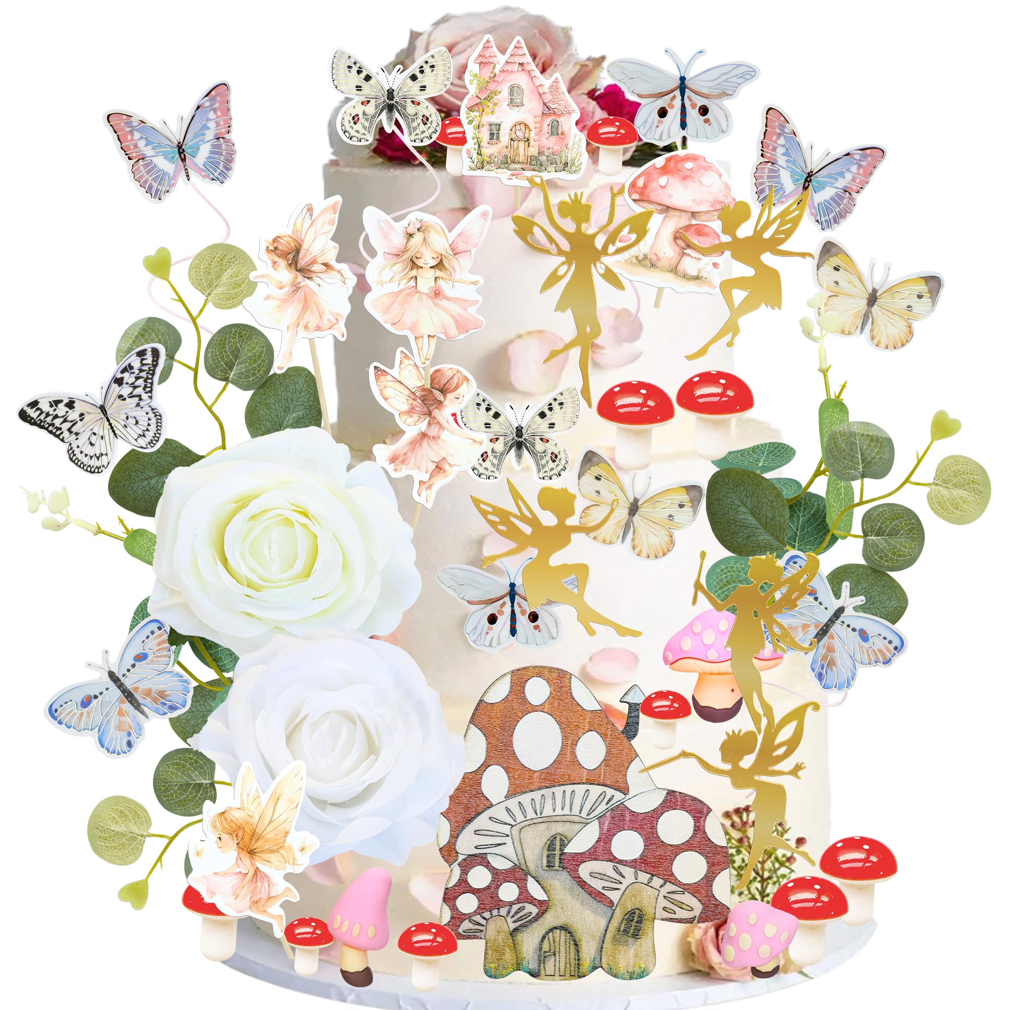 Gyufise 60 Pack Fairy Cake Toppers Butterfly Cake Picks Mushroom Door Flowers Cake Decoration Fairy Garden Topper for Girl Party Birthday Baby Shower Supplies White — image 1