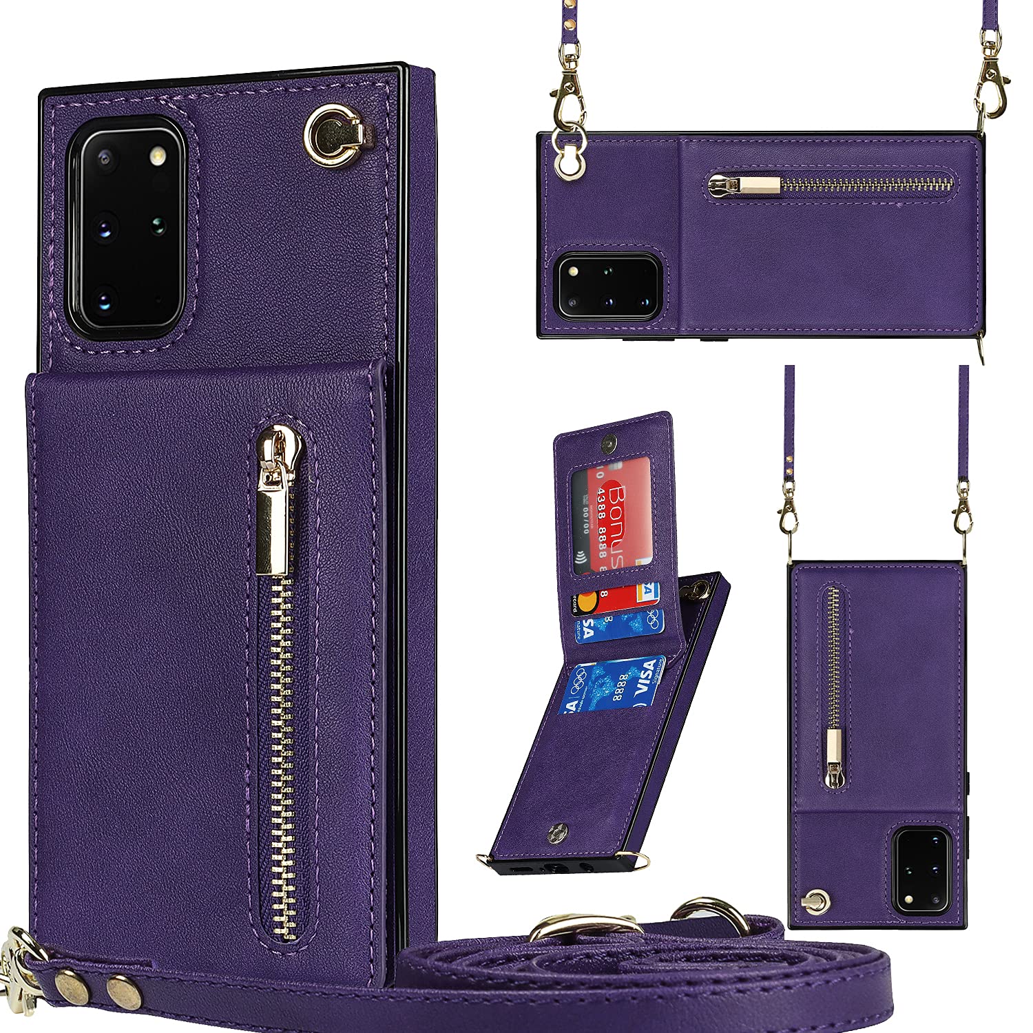Phone Case for Samsung Galaxy S20 Plus S20+ 5G Wallet Cover with Crossbody Strap Leather Card Holder Flip Cases Credit Slots Magnetic Clasp Stand S20+5G S20plus 20S + S2O S 20 20+ G5 Girls Purple
