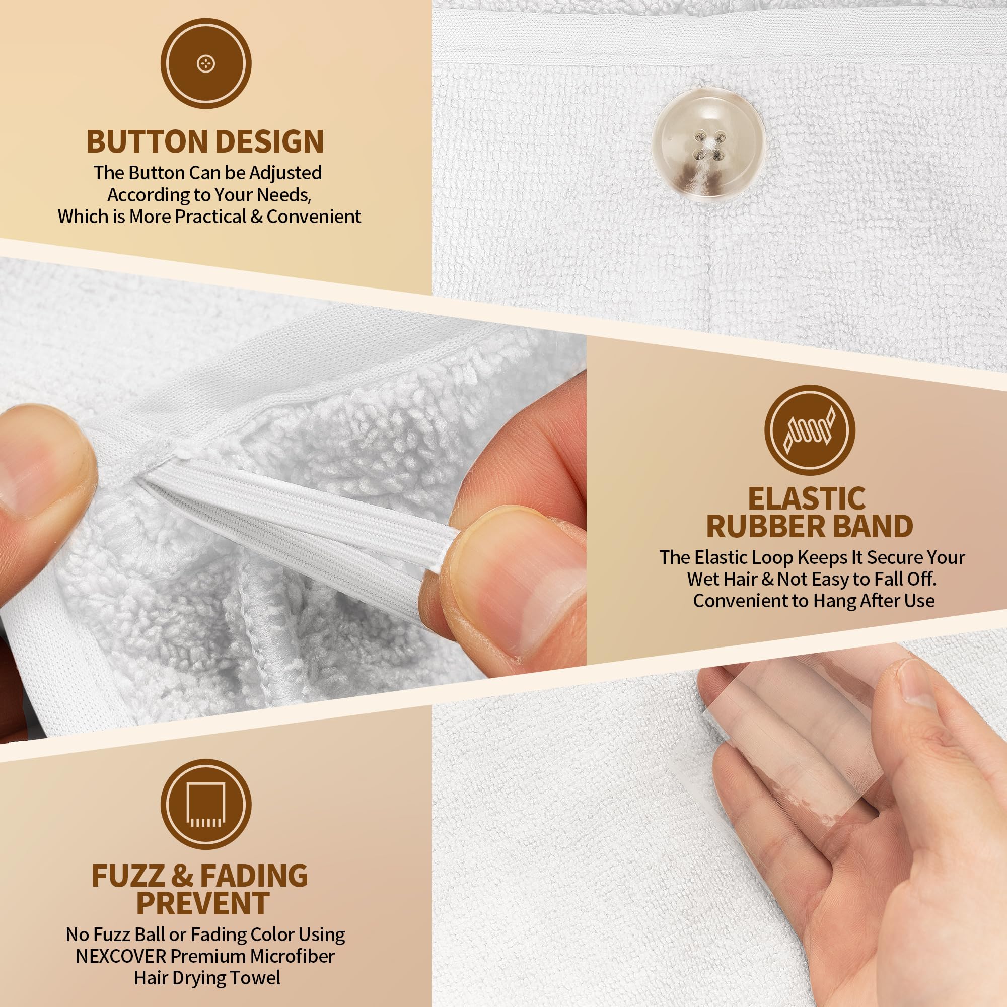 NEXCOVER Haarhandtuch, Mikrofaser, 2 Stück, weiß, 24,9 x 64,8 cm, ultra-saugfähige Haarturbane, schnell trocknende Kopftücher für Damen, nasses Haar, lang, lockig, dickes, krauses Haar