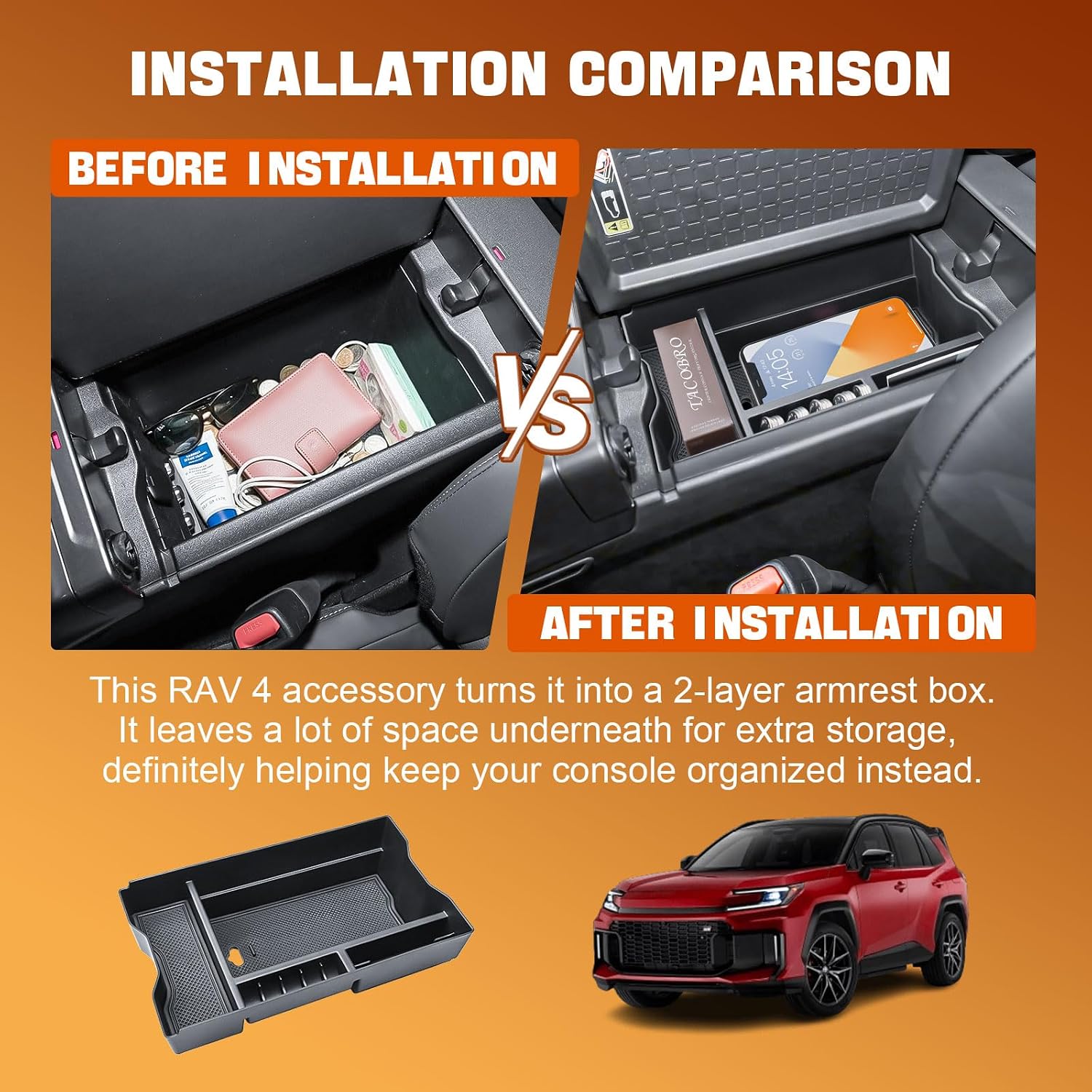 Center Console Tray Organizer Compatible with Toyota RAV4 Accessories 2026, 2026 RAV-4 Armrest Insert Container ABS Material Secondary Storage Box With Rubber Pads