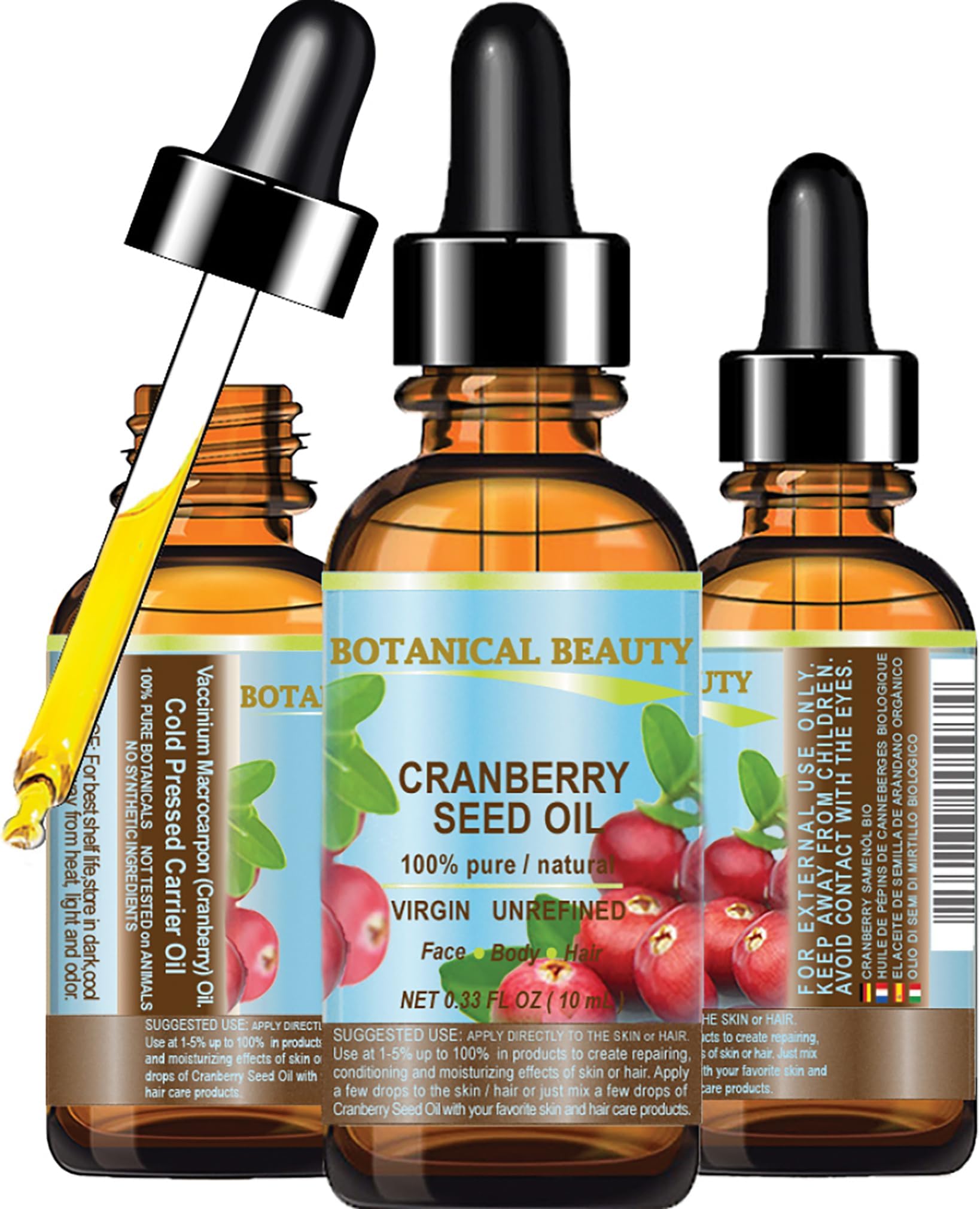 Botanical Beauty CRANBERRY SEED OIL 100% Pure Natural Unrefined Virgin Cold Pressed Carrier Oil. 0.33 fl.oz - 10 ml. for Face, Skin, Body, Hair, Lips, Nails, Anti - Aging Face Oil
