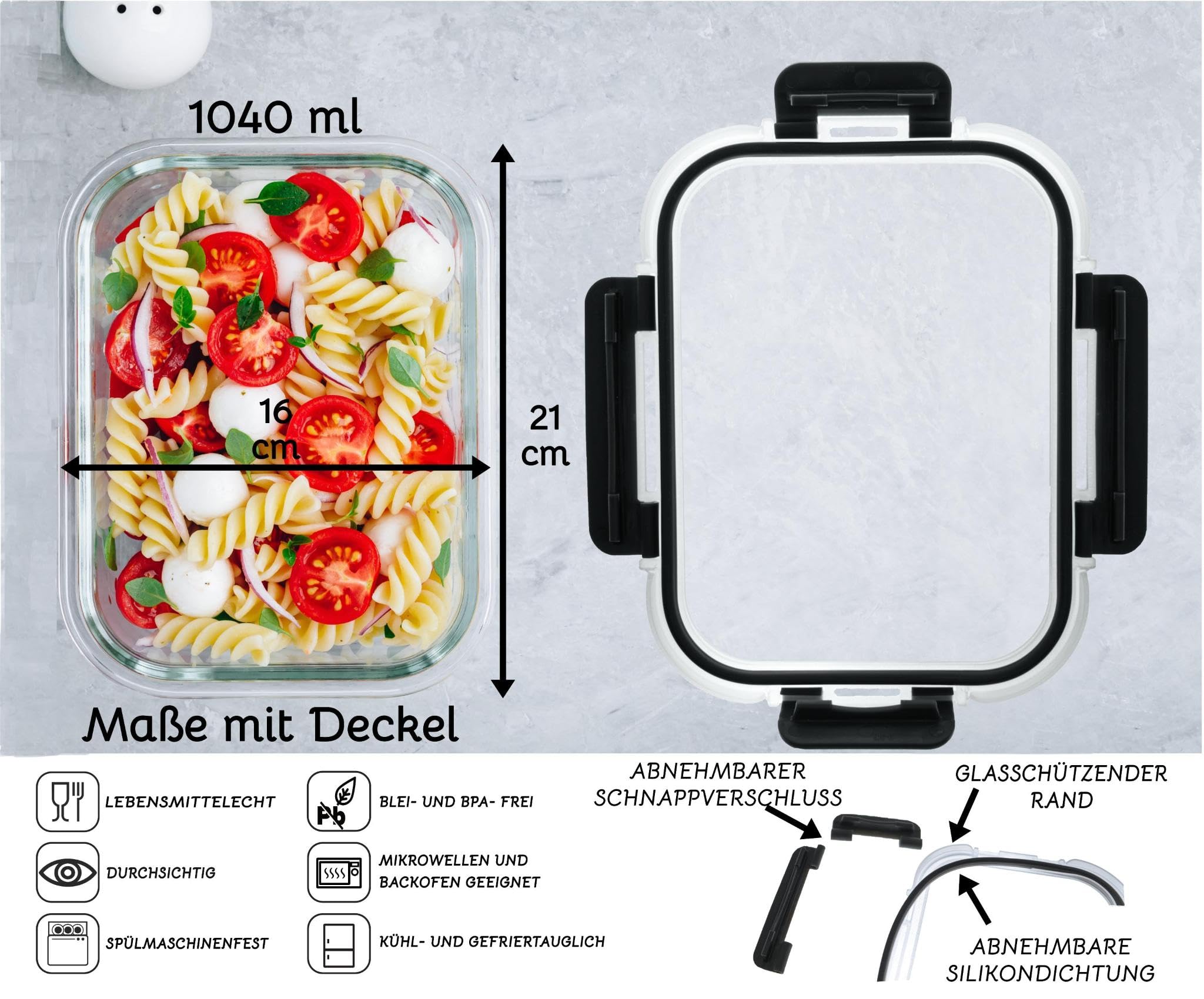 Tokyo Frischhaltedose Mealprep-Set mit 5 Glasbehälter + 5 Kunststoffdeckeln (Schwarz) | 100% dicht + hygienisch | Spülmaschinen-, Mikrowellengeeignet