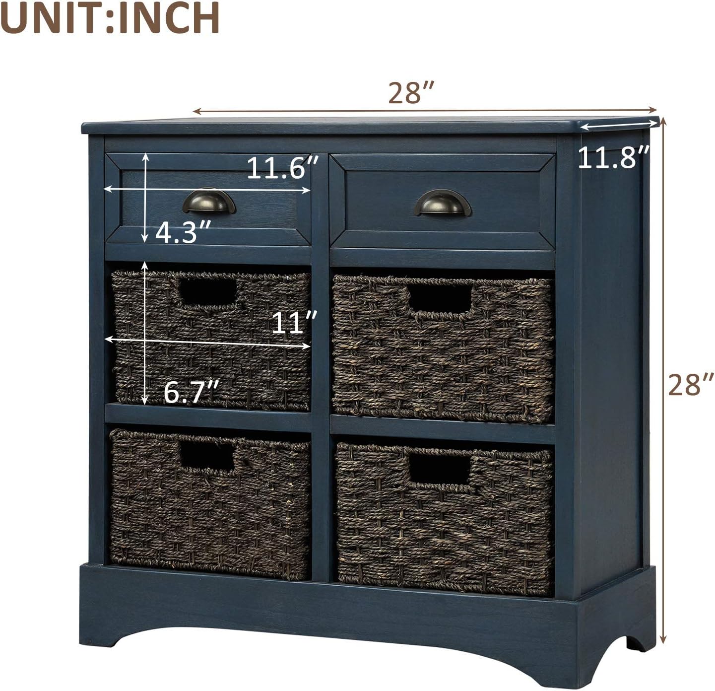 Bellemave Sideboard Buffet Cabinet with Storage, Acacia Wood Storage Cabinet with 2 Drawers and 4 Classic Rattan Basket for Dinning Room,Kitchen,and Living Room, Antique Navy