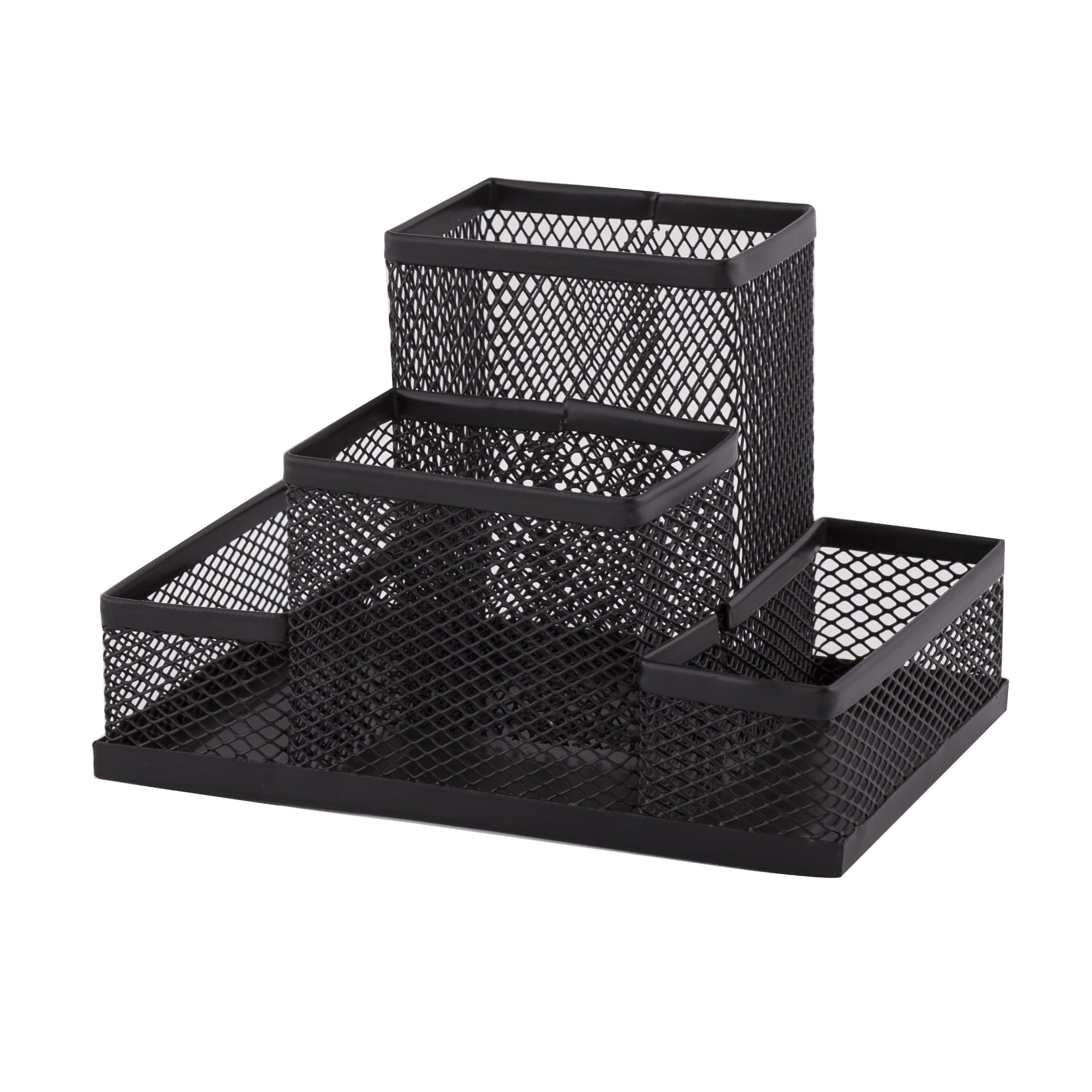 D.RECT KOMO 4-Compartment Metal Mesh Desk Organizer – Multifunctional Pen & Office Supply Holder, Durable & Compact, Black
