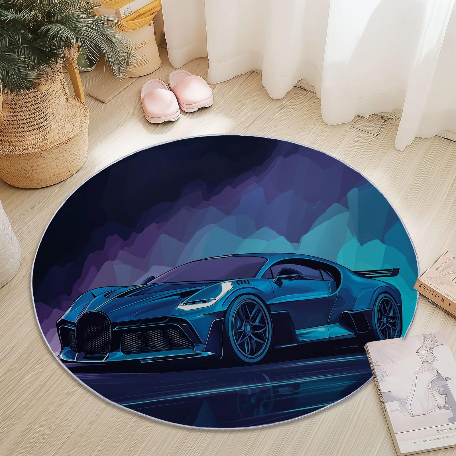 Tapis rond lavable 120 cm bleu avec motif voiture de sport pour décoration de chambre d'enfant