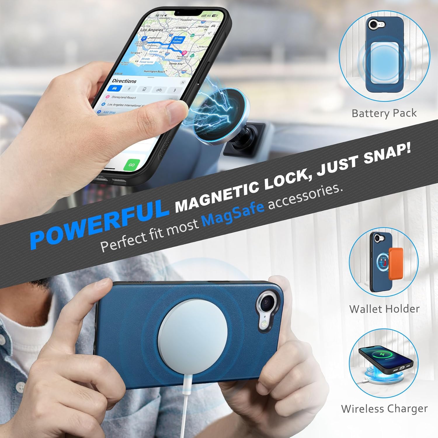 SHIELDON Detachable Wallet Case for iPhone 17e 6.1" 2026 | Genuine Leather, 2 in 1, Wireless Charging, Kickstand, RFID Blocking Credit Card Holder, Flip Magnetic Removable Cover - Royal Blue